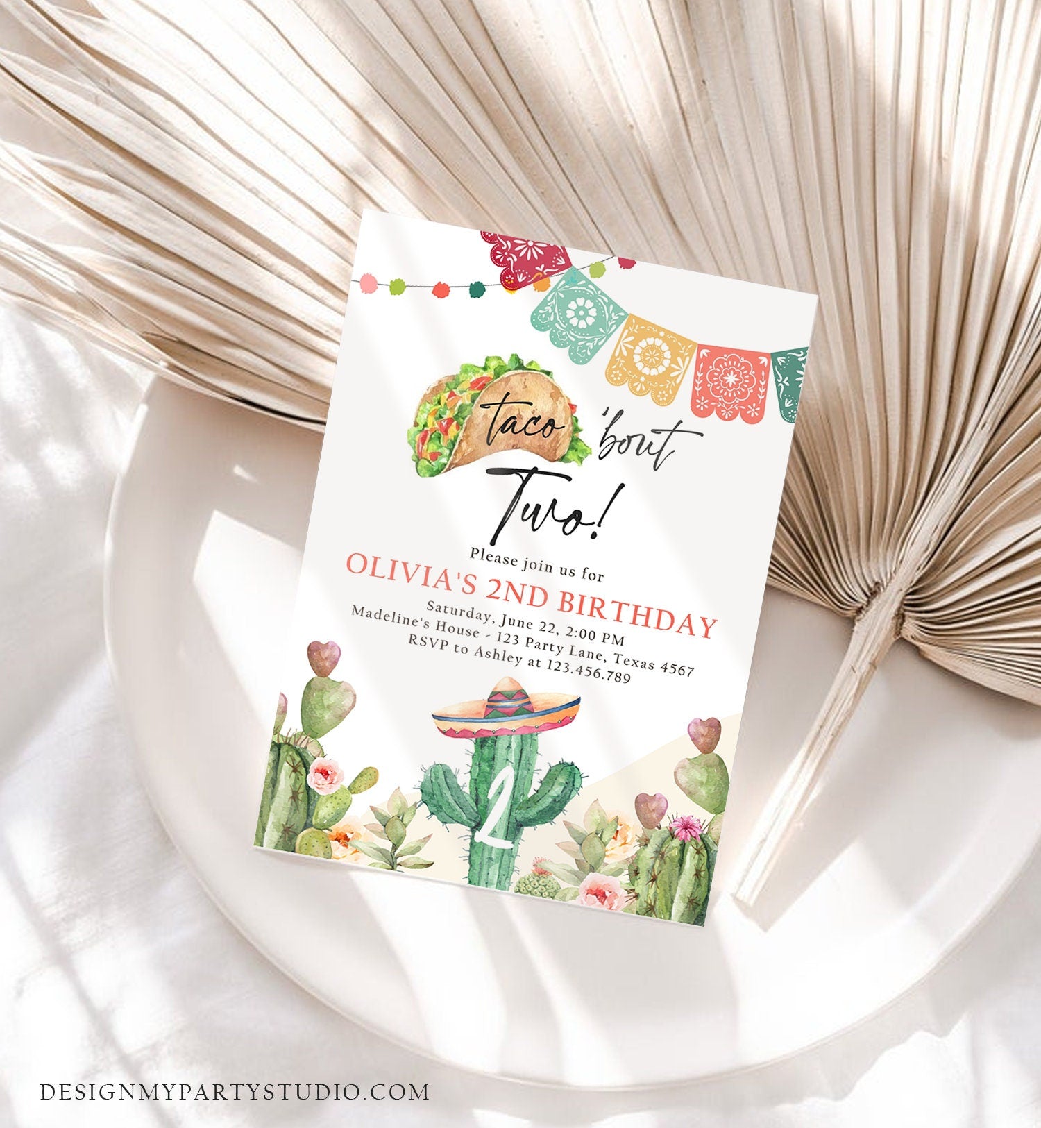 Editable Taco Bout Two Birthday Invitation ANY AGE Girl Boy Cactus Fiesta Mexican Second Birthday Download Printable Corjl Template 0404