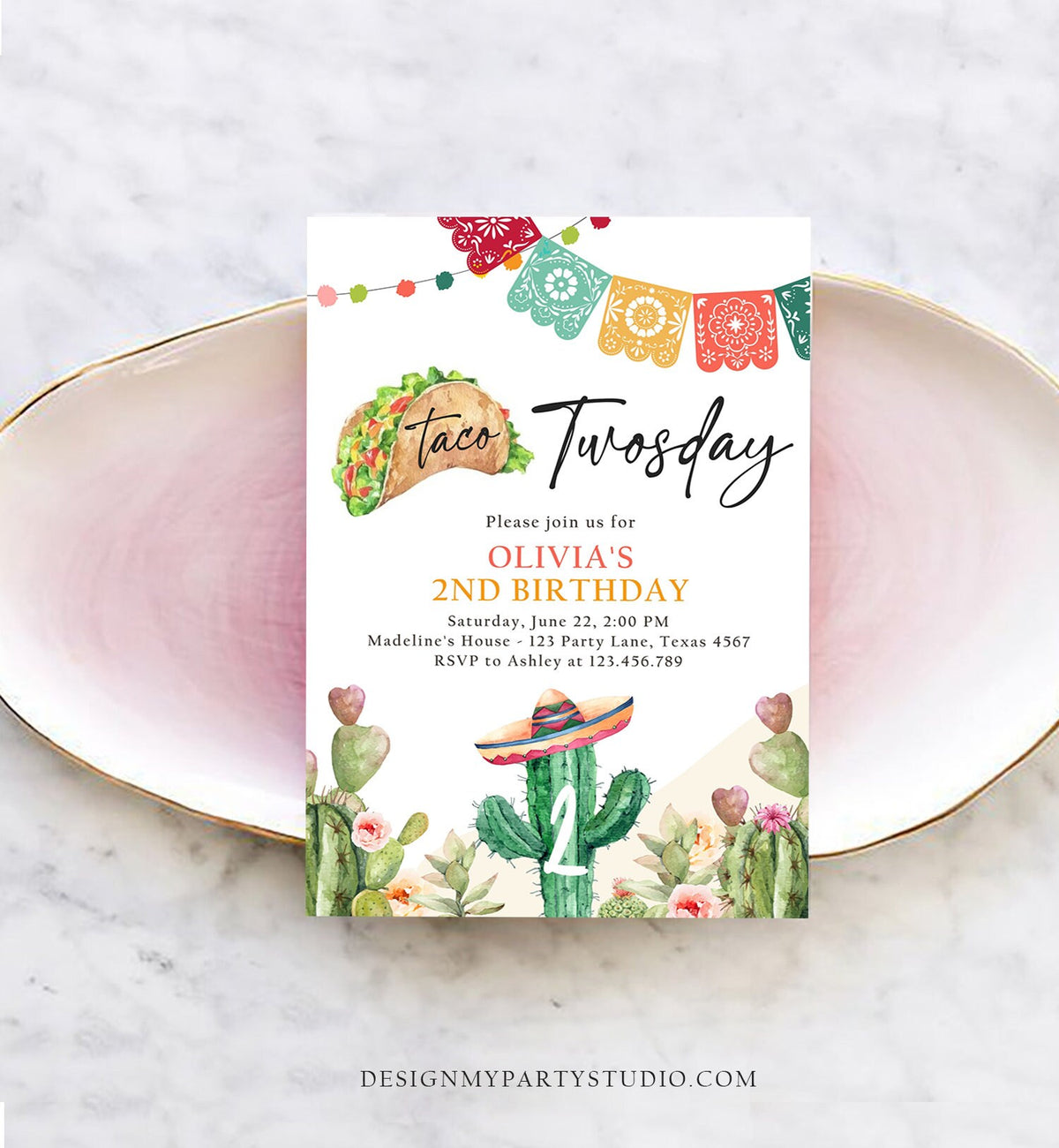 Editable Taco Twosday Fiesta Birthday Invitation Second Birthday 2nd Cactus Mexican Tacos Girl Cactus Download Corjl Template Printable 0404