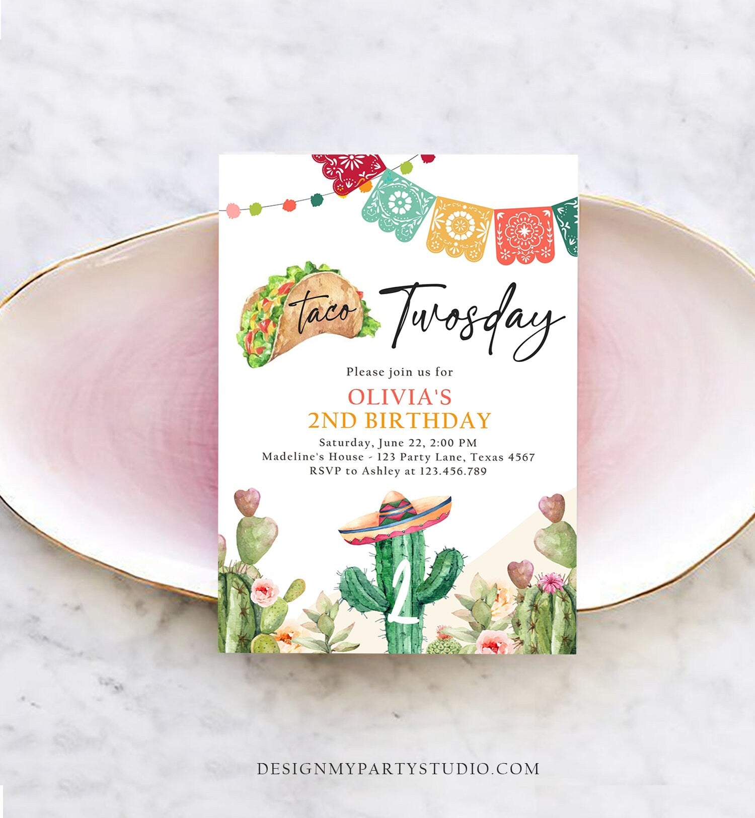 Editable Taco Twosday Fiesta Birthday Invitation Second Birthday 2nd Cactus Mexican Tacos Girl Cactus Download Corjl Template Printable 0404