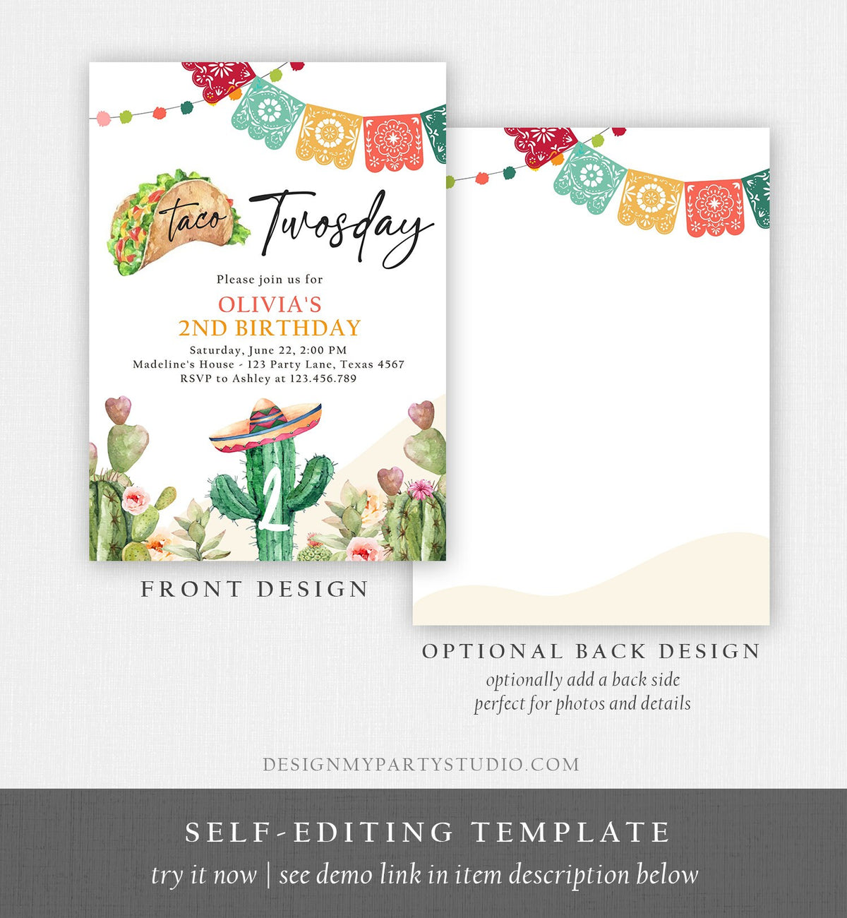 Editable Taco Twosday Fiesta Birthday Invitation Second Birthday 2nd Cactus Mexican Tacos Girl Cactus Download Corjl Template Printable 0404