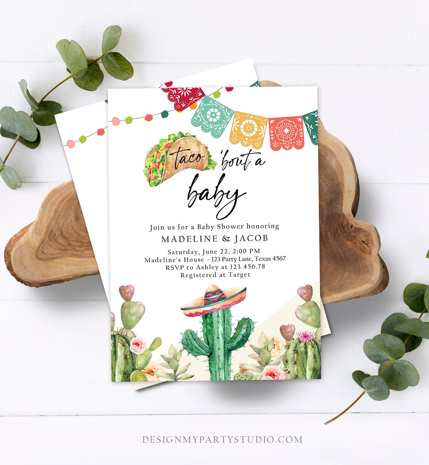 Editable Taco Bout a Baby Shower Invitation Cactus Mexican Fiesta Baby Shower Desert Floral Digital Download Evite Template Printable 0404