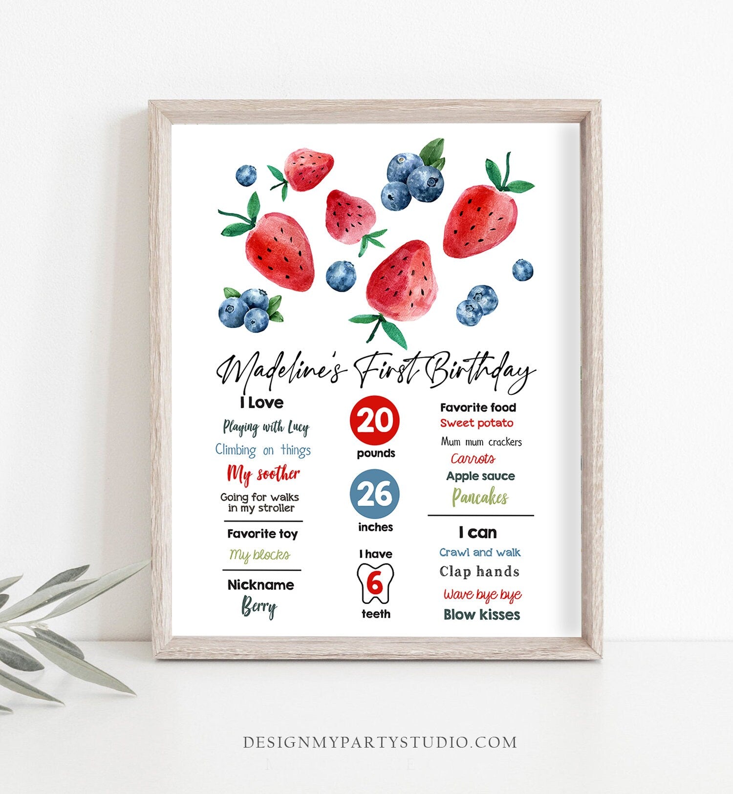 Editable Berry First Birthday Milestones Sign Strawberry Blueberry First Birthday Girl Farmers Market Download Template Printable Corjl 0399