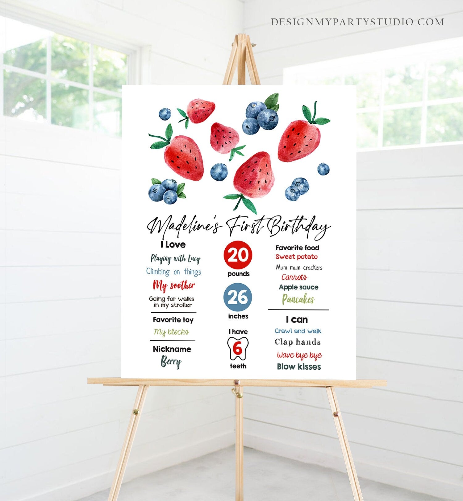 Editable Berry First Birthday Milestones Sign Strawberry Blueberry First Birthday Girl Farmers Market Download Template Printable Corjl 0399