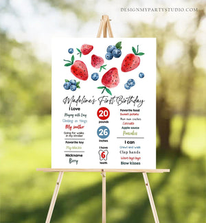 Editable Berry First Birthday Milestones Sign Strawberry Blueberry First Birthday Girl Farmers Market Download Template Printable Corjl 0399