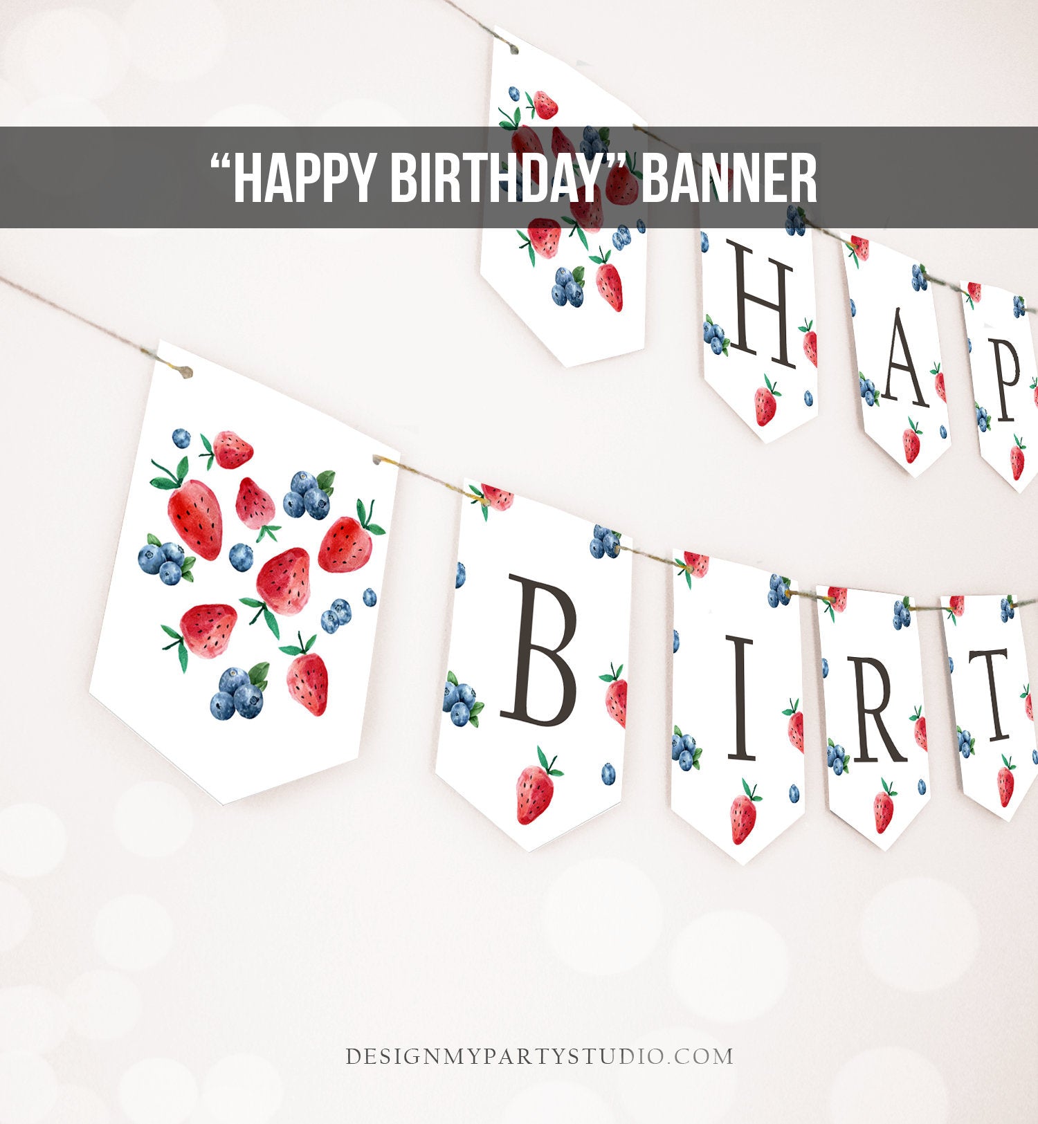 Happy Birthday Banner Strawberry Blueberry Banner Berry First Birthday Girl Decor Berry Sweet 1st Download PRINTABLE DIGITAL DIY 0399