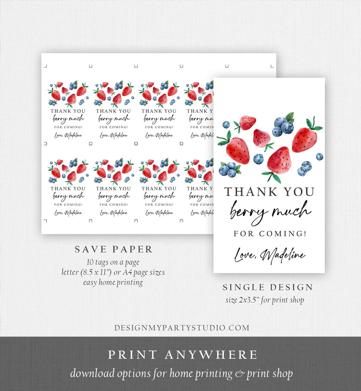 Editable Strawberry Blueberry Favor Tags Berry First Birthday Thank you tags Label Berry Much Tags Berry Sweet Template PRINTABLE Corjl 0399