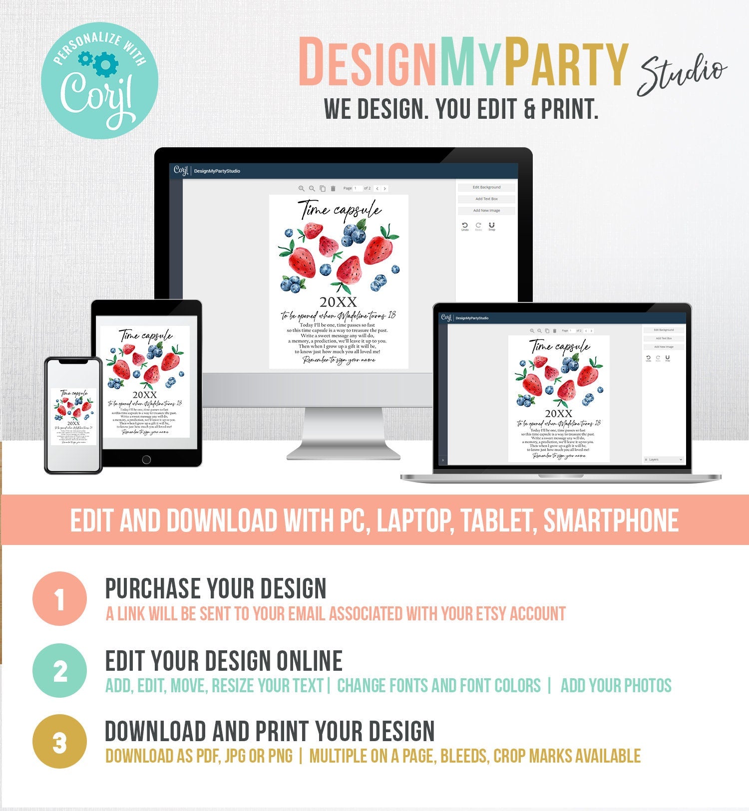 Editable Time Capsule Berry First Birthday Strawberry Blueberry Party Decorations Berry Sweet Party Girl Boy Template Printable Corjl 0399