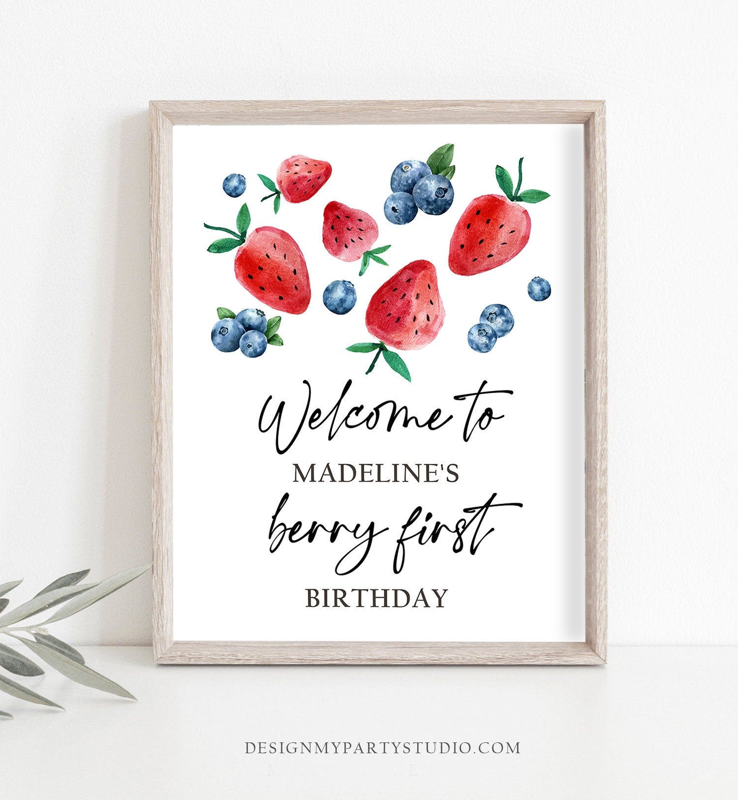 Editable Berry First Birthday Welcome Sign Strawberry Blueberry Party Welcome Farmers Market Girl Watercolor Template PRINTABLE Corjl 0399