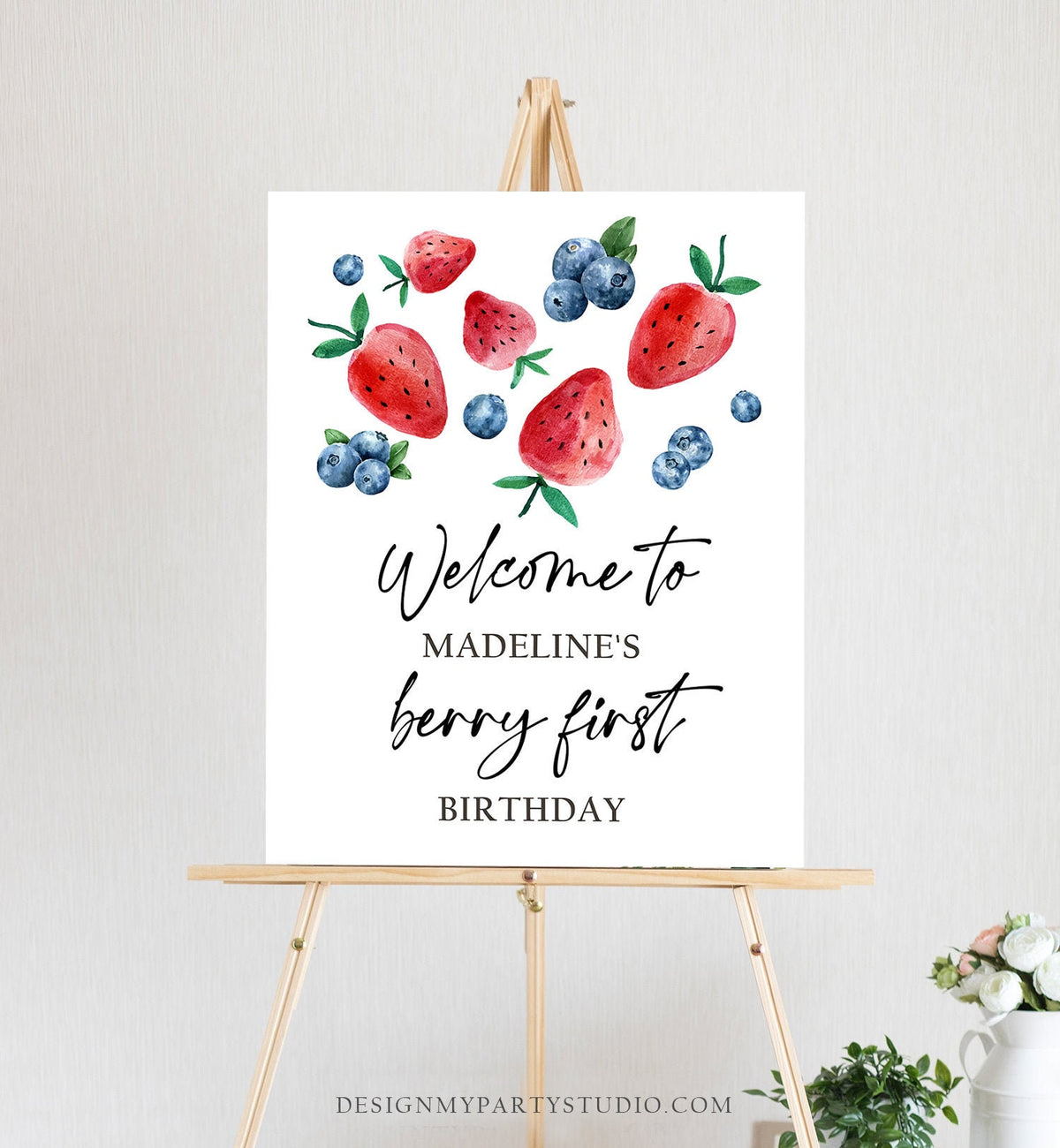 Editable Berry First Birthday Welcome Sign Strawberry Blueberry Party Welcome Farmers Market Girl Watercolor Template PRINTABLE Corjl 0399