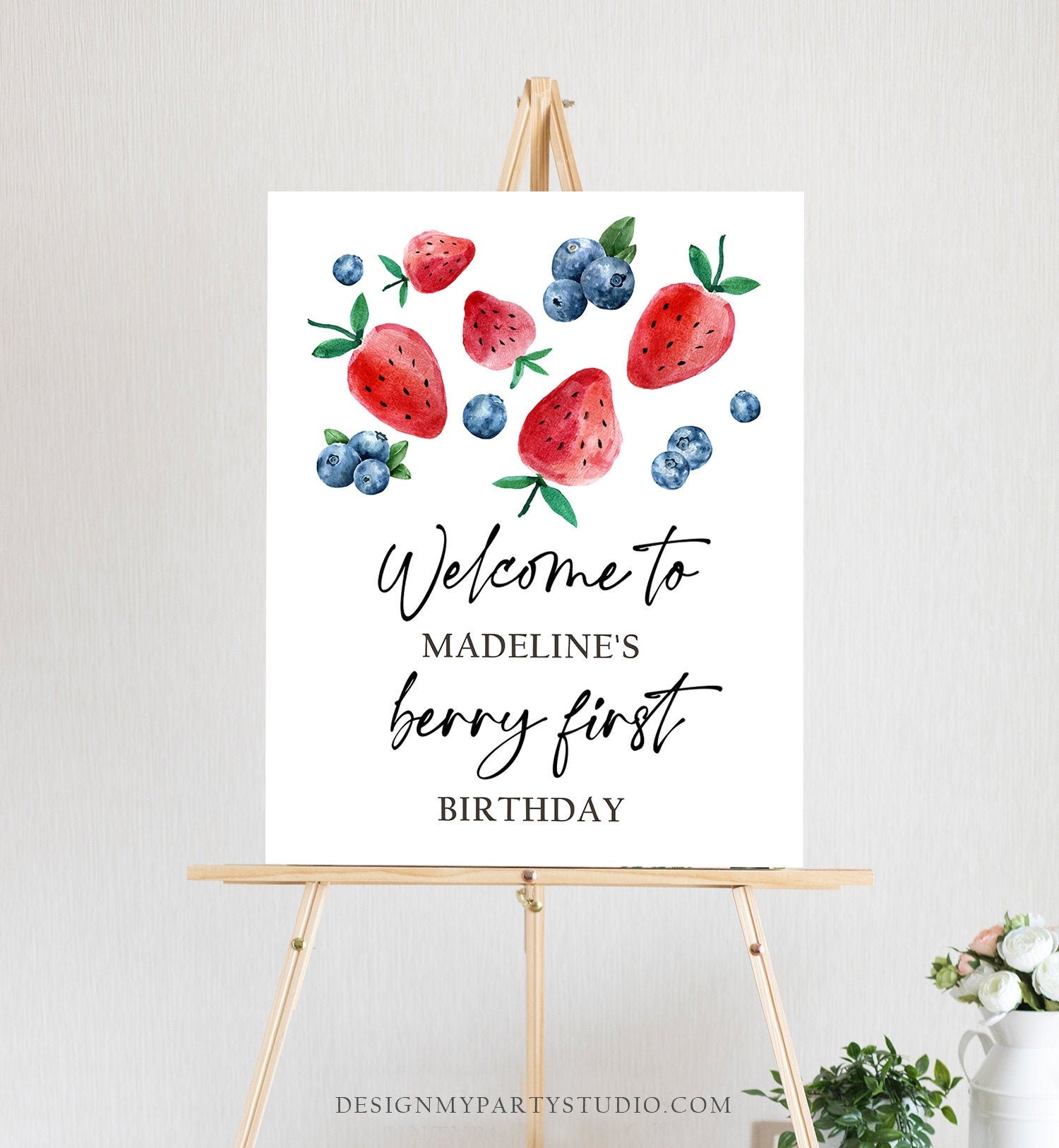 Editable Berry First Birthday Welcome Sign Strawberry Blueberry Party Welcome Farmers Market Girl Watercolor Template PRINTABLE Corjl 0399
