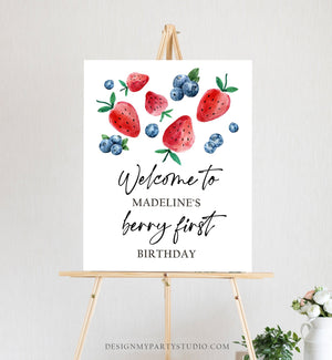 Editable Berry First Birthday Welcome Sign Strawberry Blueberry Party Welcome Farmers Market Girl Watercolor Template PRINTABLE Corjl 0399