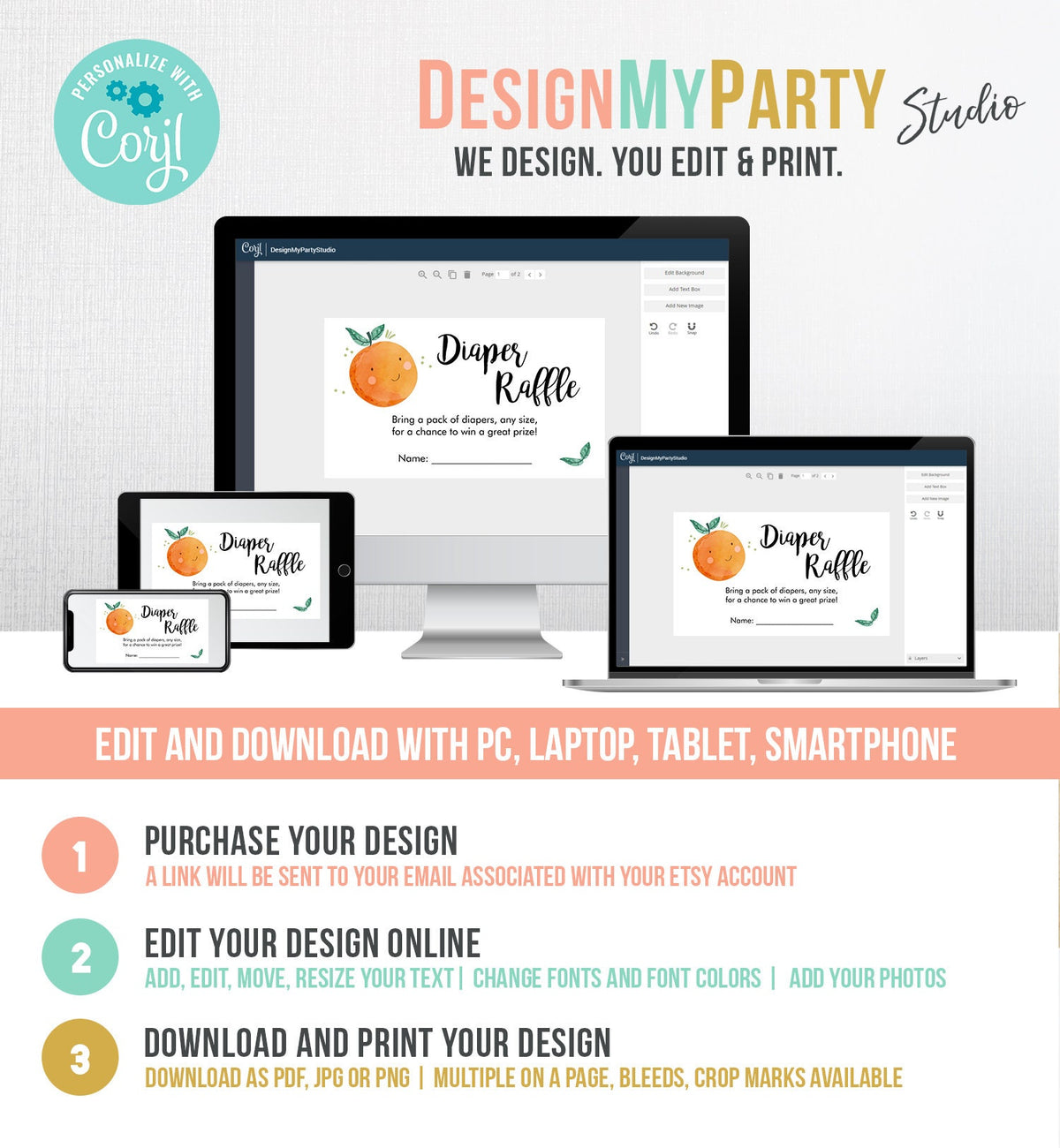 Editable Little Cutie Diaper Raffle Ticket Little Cutie Baby Shower Clementine Gender Neutral Greenery Template Printable Digital 0330