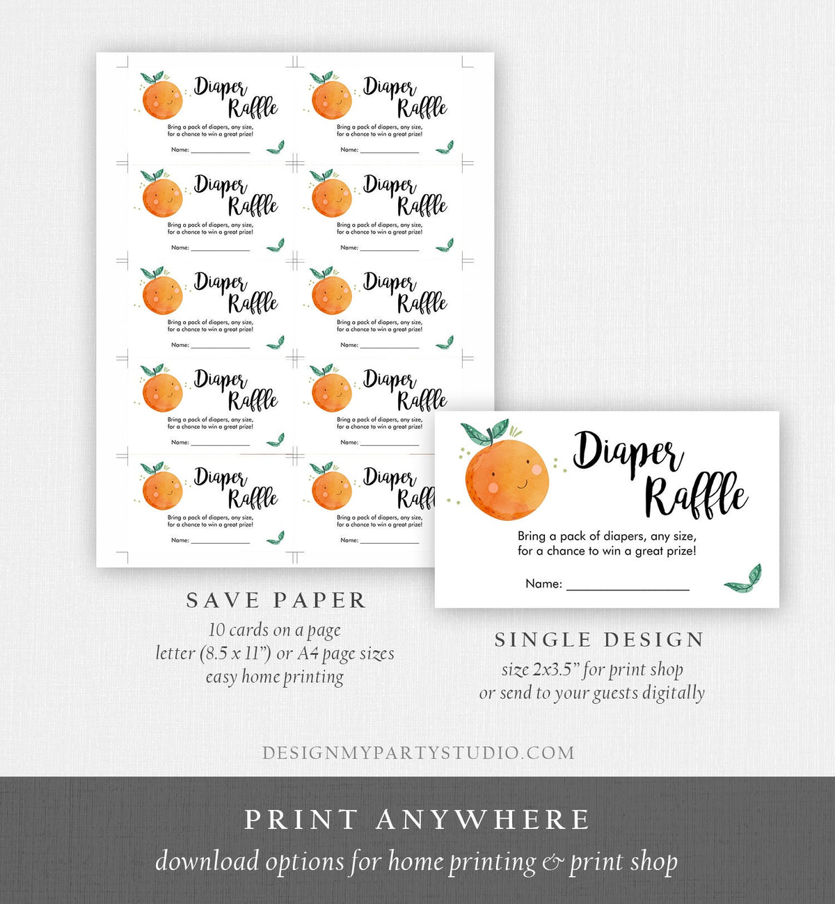 Editable Little Cutie Diaper Raffle Ticket Little Cutie Baby Shower Clementine Gender Neutral Greenery Template Printable Digital 0330