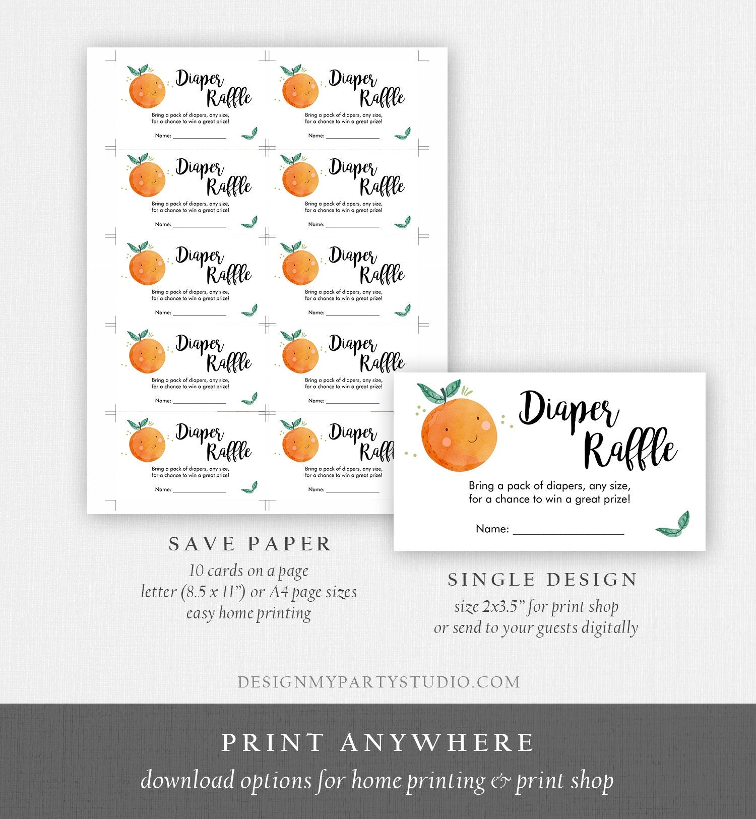Editable Little Cutie Diaper Raffle Ticket Little Cutie Baby Shower Clementine Gender Neutral Greenery Template Printable Digital 0330