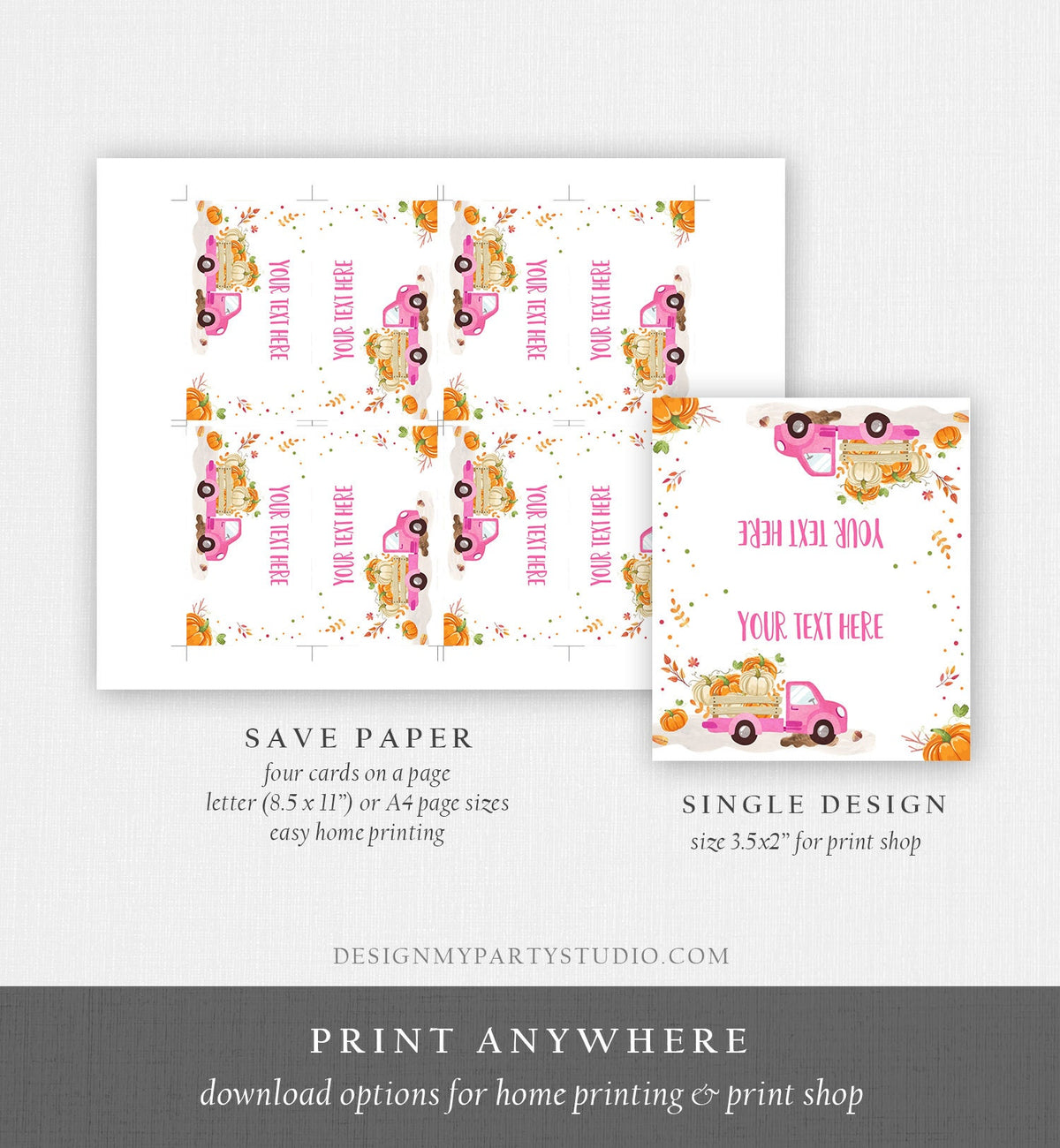Editable Pumpkin Truck Food Label Little Pumpkin Girl Birthday Pink Place Card Fall Harvest Autumn Tent Card Corjl Printable Template 0153