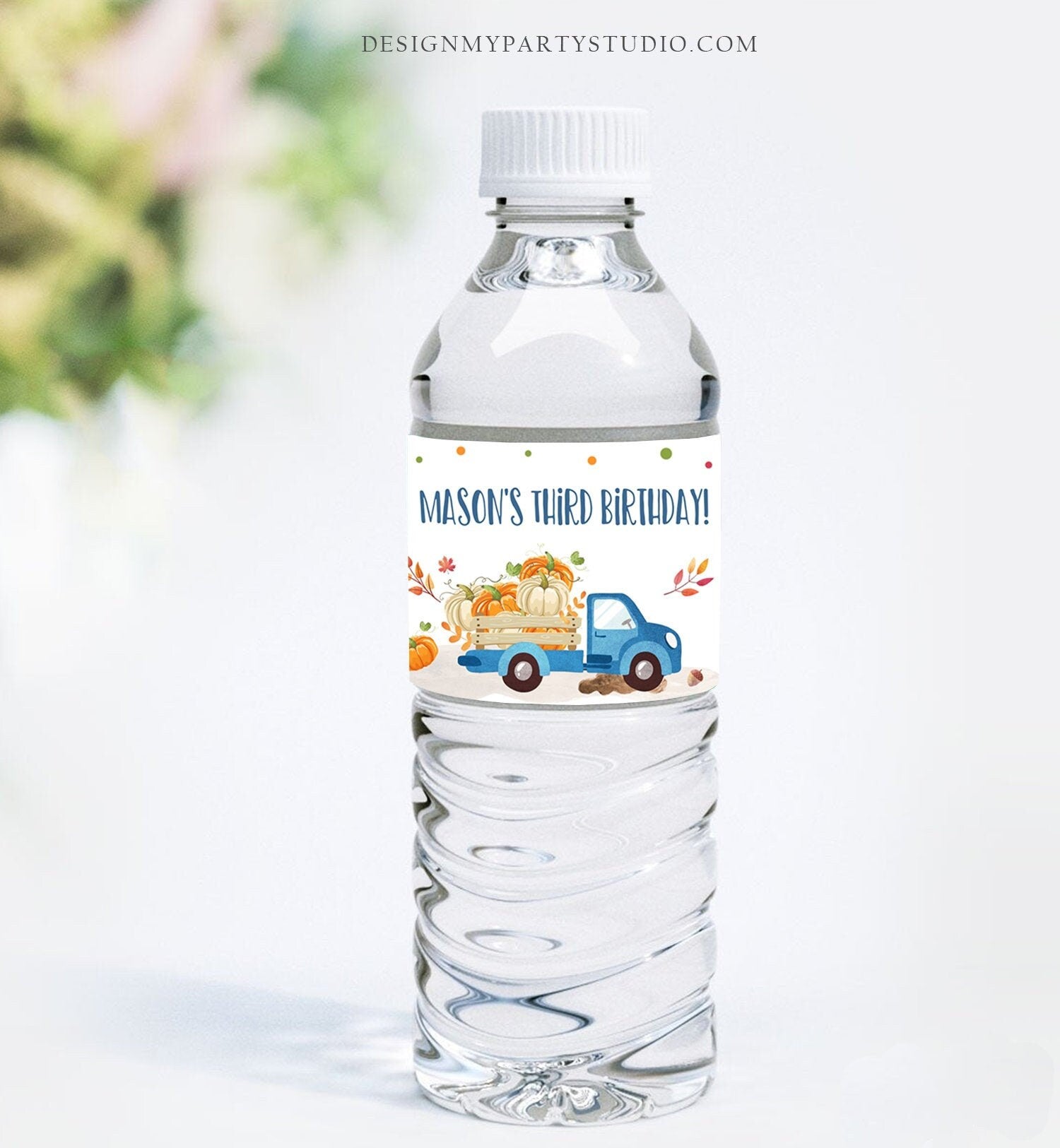 Editable Pumpkin Water Bottle Labels Pumpkin Boy Blue Truck Drink Tags Fall Autumn Label Pumpkin Birthday Fall Harvest Corjl Template 0153