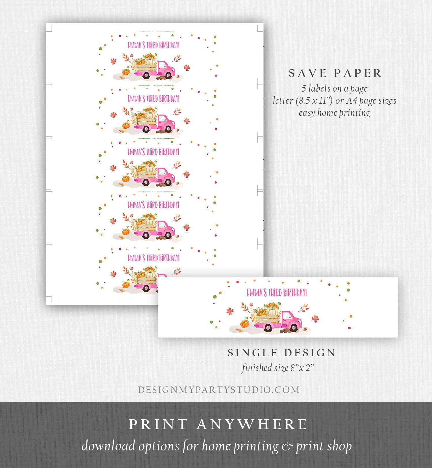 Editable Pumpkin Water Bottle Labels Pumpkin Girl Pink Truck Drink Tags Fall Autumn Label Pumpkin Birthday Fall Harvest Corjl Template 0153