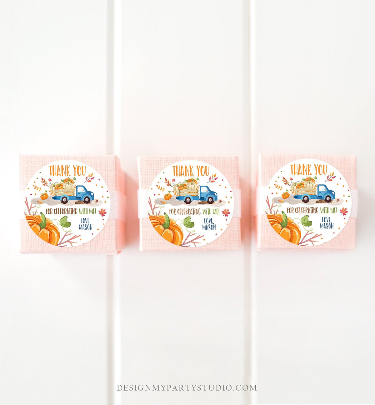 Editable Little Pumpkin Truck Favor Tag Boy Birthday Pumpkin Blue Truck Thank You Sticker Label Fall Autumn Corjl Template Printable 0153