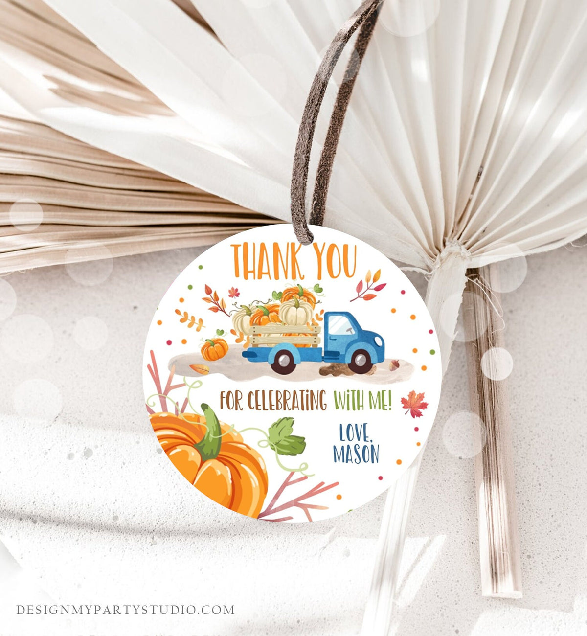 Editable Little Pumpkin Truck Favor Tag Boy Birthday Pumpkin Blue Truck Thank You Sticker Label Fall Autumn Corjl Template Printable 0153