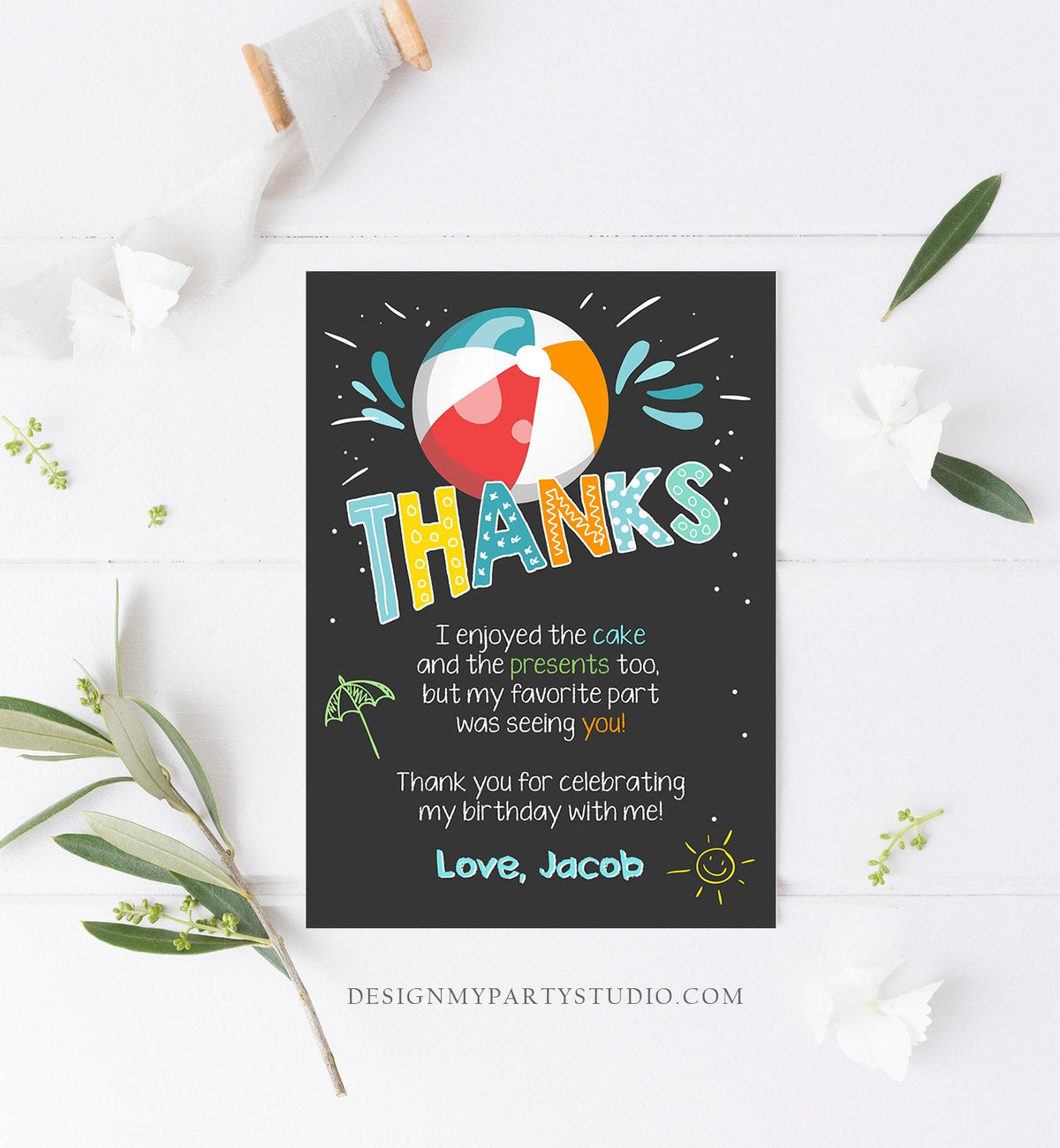 Editable Splish Splash Pool Party Thank You Card Birthday Pool Party Boy Beach Thank You Note Blue Template Instant Download Corjl 0169