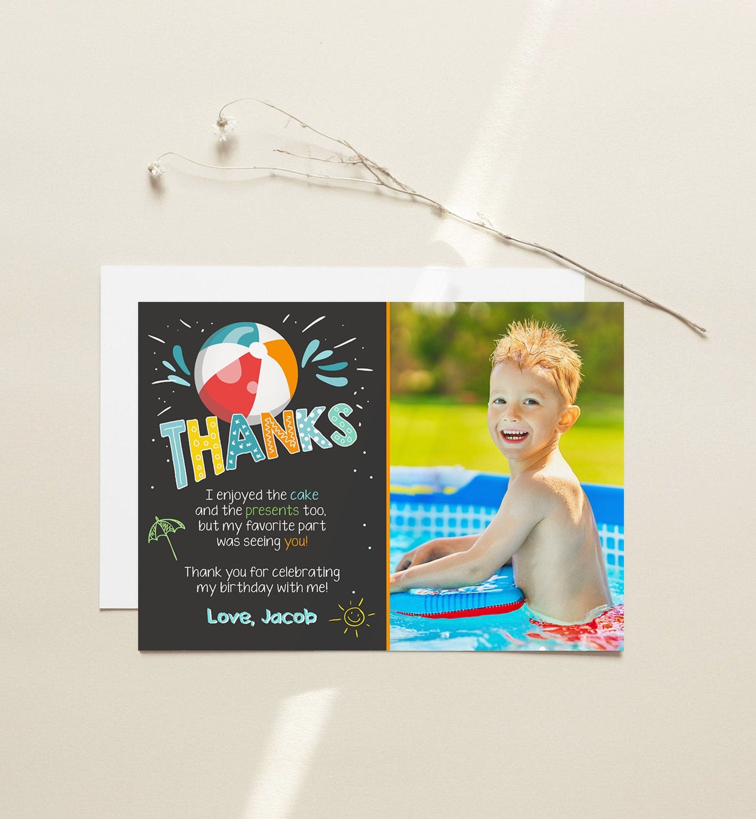Editable Splish Splash Pool Party Thank You Card Birthday Pool Party Boy Beach Thank You Note Photo Template Instant Download Corjl 0169