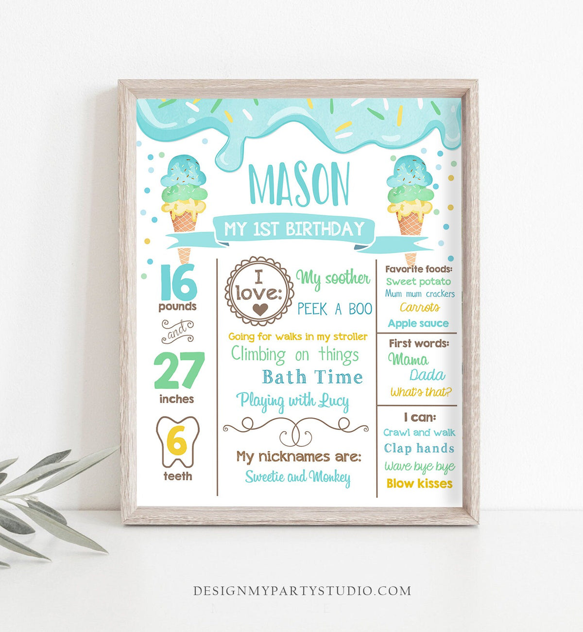 Editable Ice Cream Birthday Milestones Sign Boy First Birthday Sign 1st Sweet One Summer Poster Download Digital Template Printable 0243