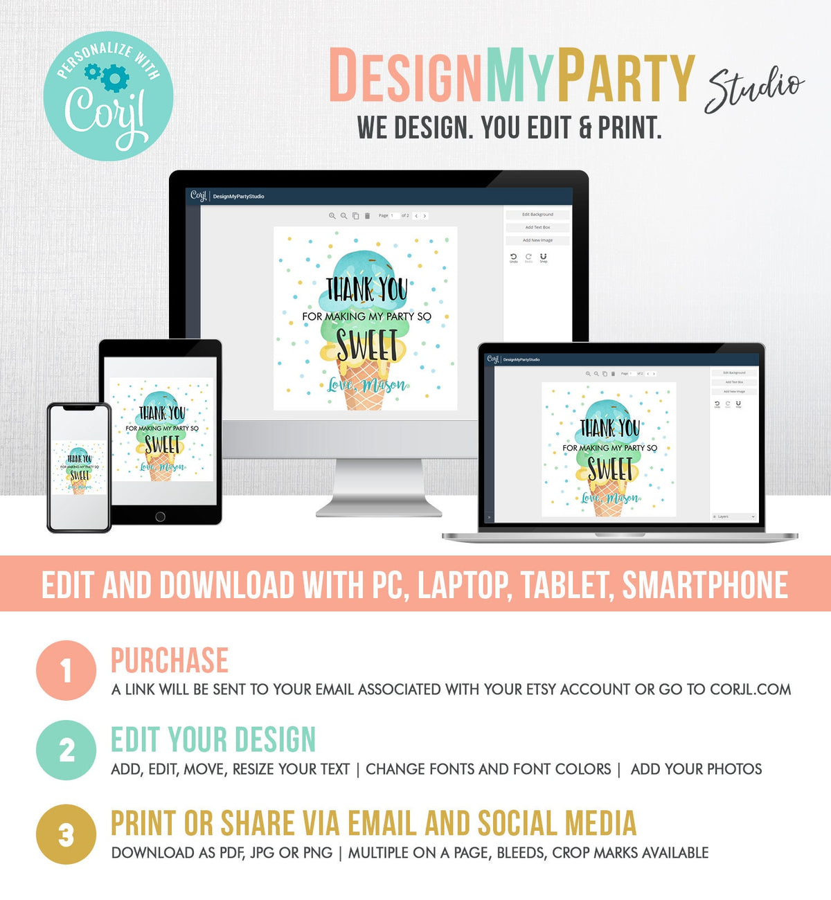 Editable Ice Cream Thank you Tags Round Ice Cream Stickers Ice Cream Birthday Boy Blue Mint Ice Cream Social Favor Tags Template Corjl 0243