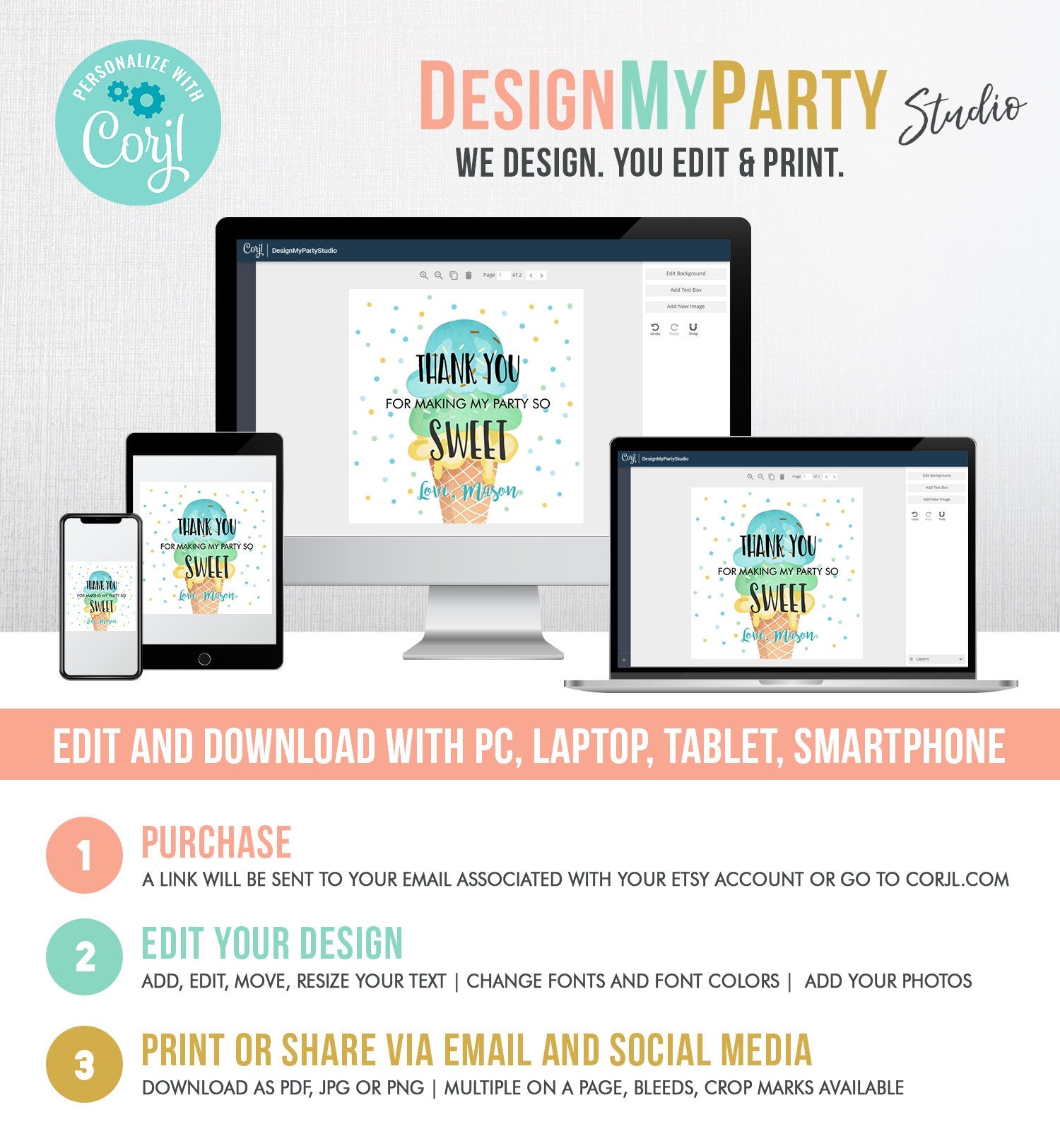 Editable Ice Cream Thank you Tags Round Ice Cream Stickers Ice Cream Birthday Boy Blue Mint Ice Cream Social Favor Tags Template Corjl 0243