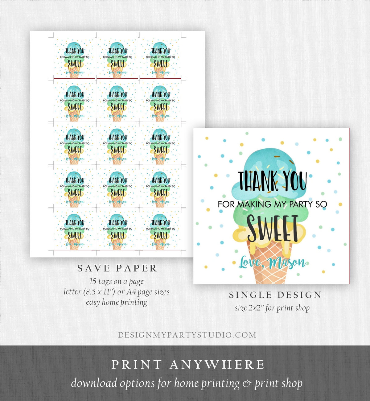 Editable Ice Cream Thank you Tags Round Ice Cream Stickers Ice Cream Birthday Boy Blue Mint Ice Cream Social Favor Tags Template Corjl 0243