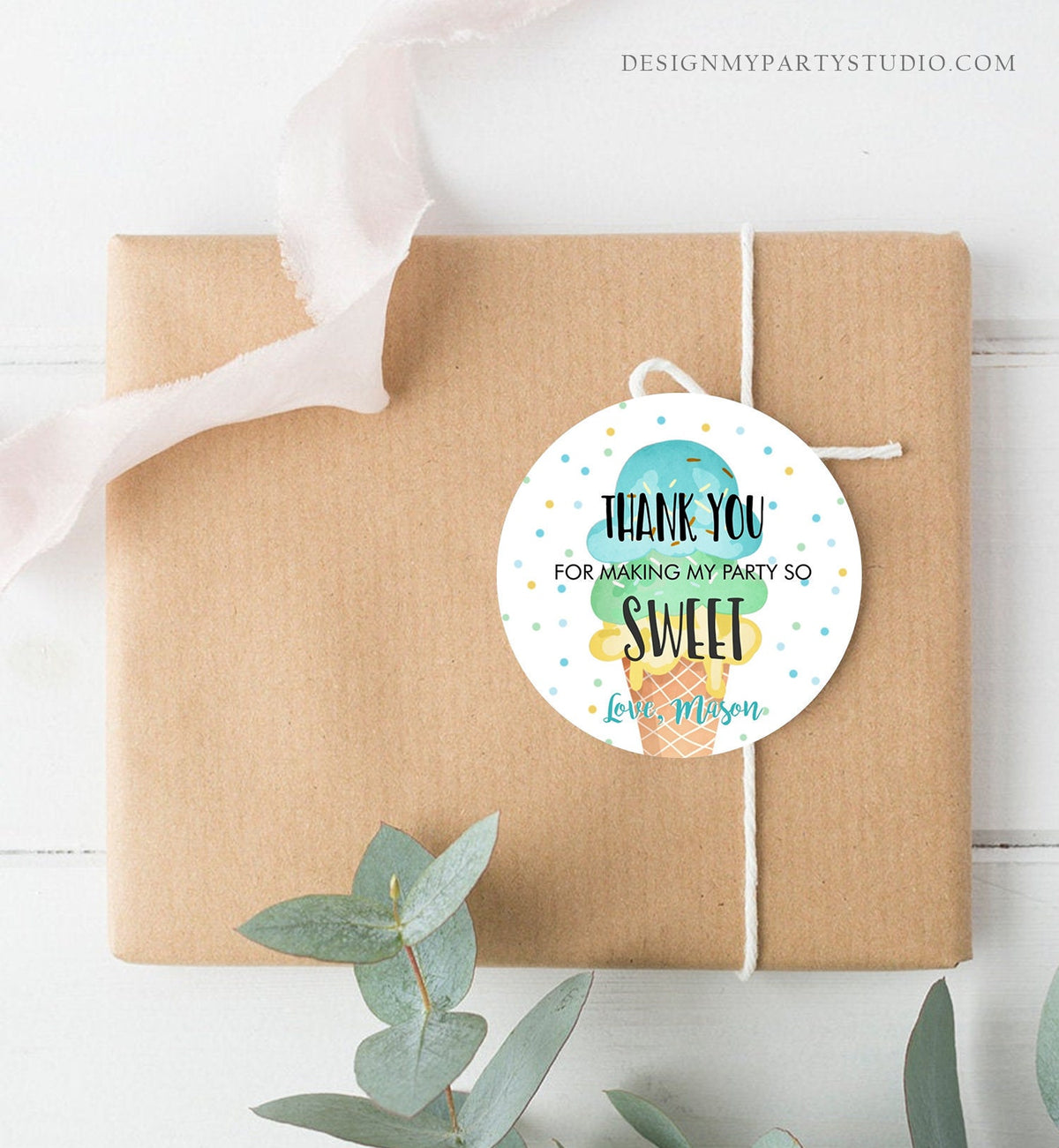 Editable Ice Cream Thank you Tags Round Ice Cream Stickers Ice Cream Birthday Boy Blue Mint Ice Cream Social Favor Tags Template Corjl 0243
