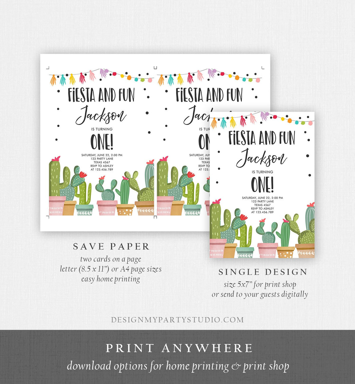 Editable Fiesta and Fun Birthday Invitation Boy First Fiesta Cactus Mexican Party Download Digital Download Template Printable 0254