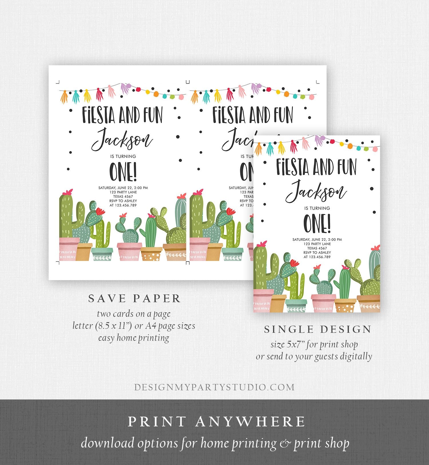 Editable Fiesta and Fun Birthday Invitation Boy First Fiesta Cactus Mexican Party Download Digital Download Template Printable 0254