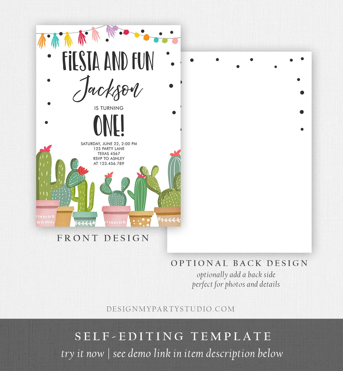 Editable Fiesta and Fun Birthday Invitation Boy First Fiesta Cactus Mexican Party Download Digital Download Template Printable 0254
