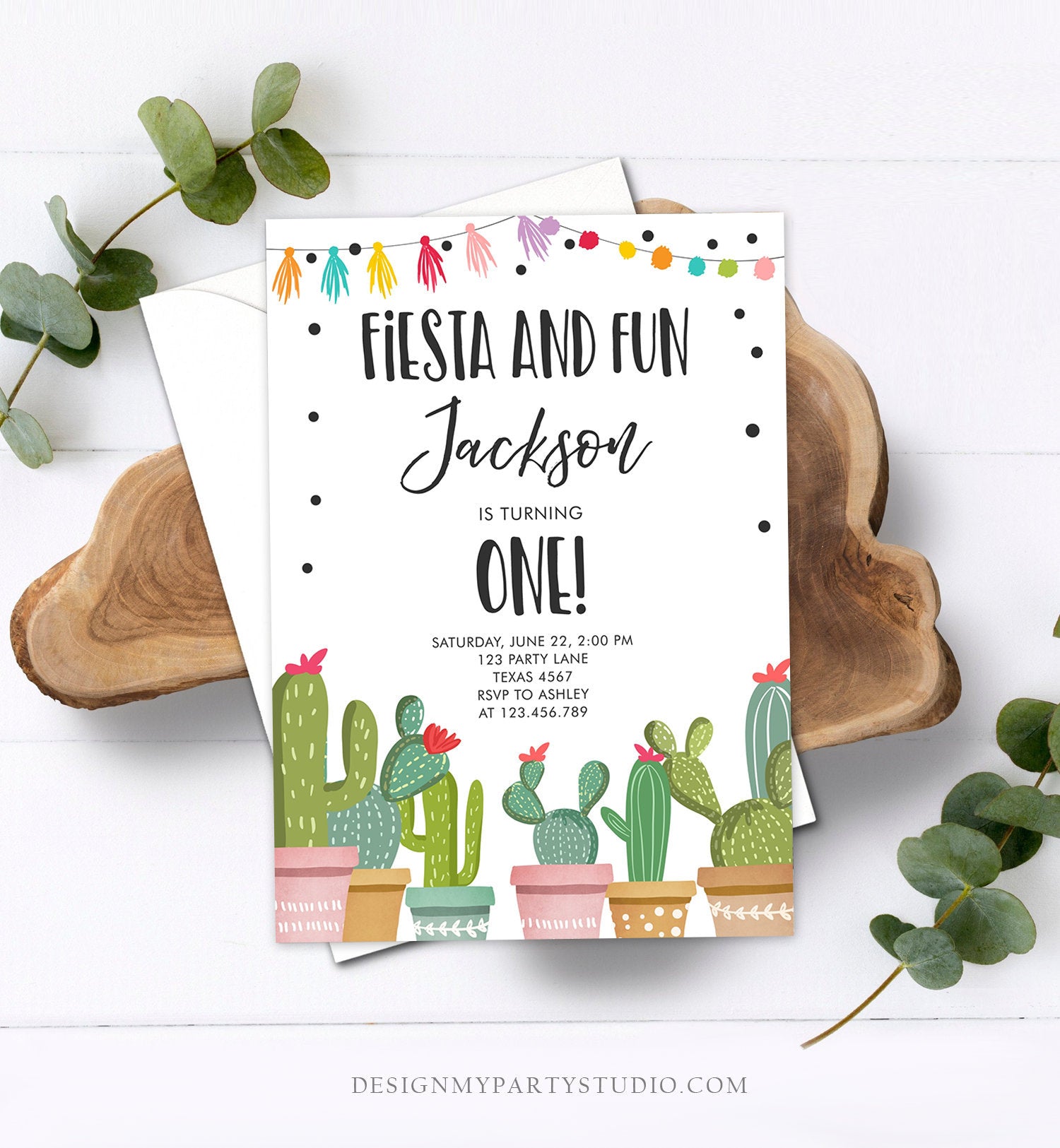 Editable Fiesta and Fun Birthday Invitation Boy First Fiesta Cactus Mexican Party Instant Download Printable Invitation Template Corjl 0254