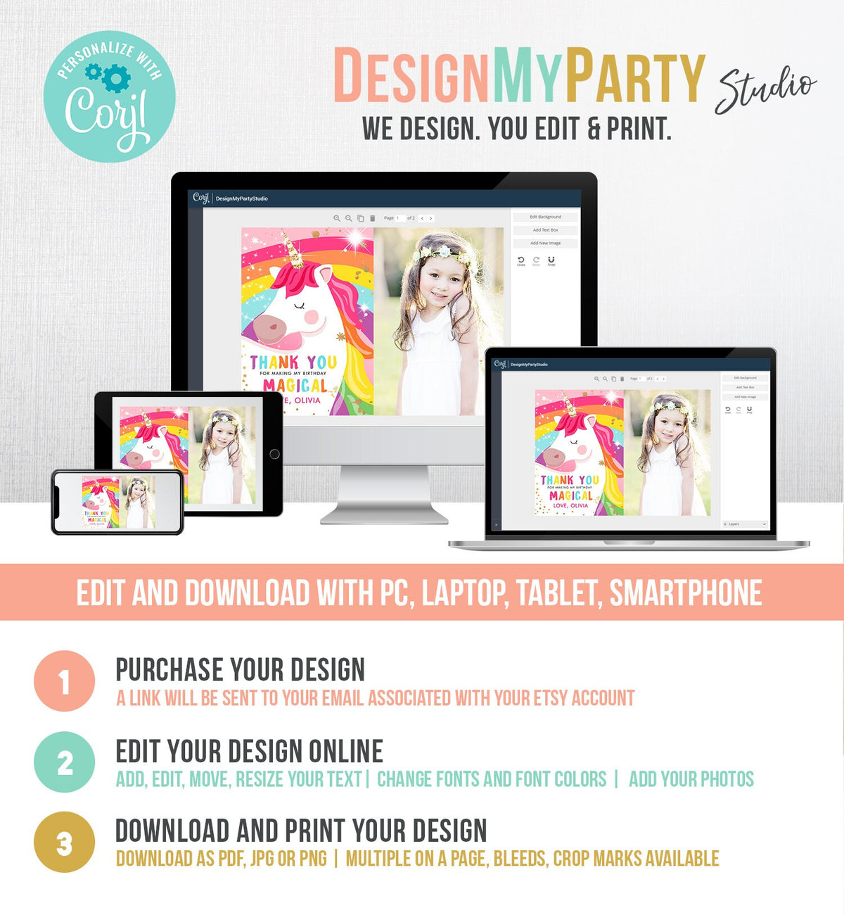 Editable Unicorn Thank You Card Magical Birthday Party Rainbow Thank You Note Pink Girl Photo Unicorn Digital Template Printable 0323