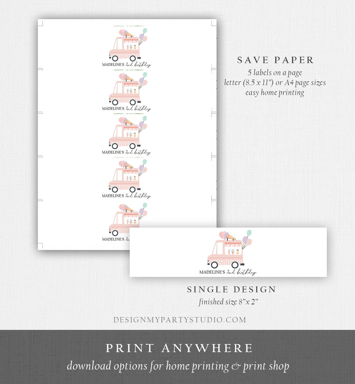 Editable Ice Cream Truck Water Bottle Labels Modern Ice Cream Birthday Decor Two Sweet Scoop Bottle Label Digital Template Printable 0415