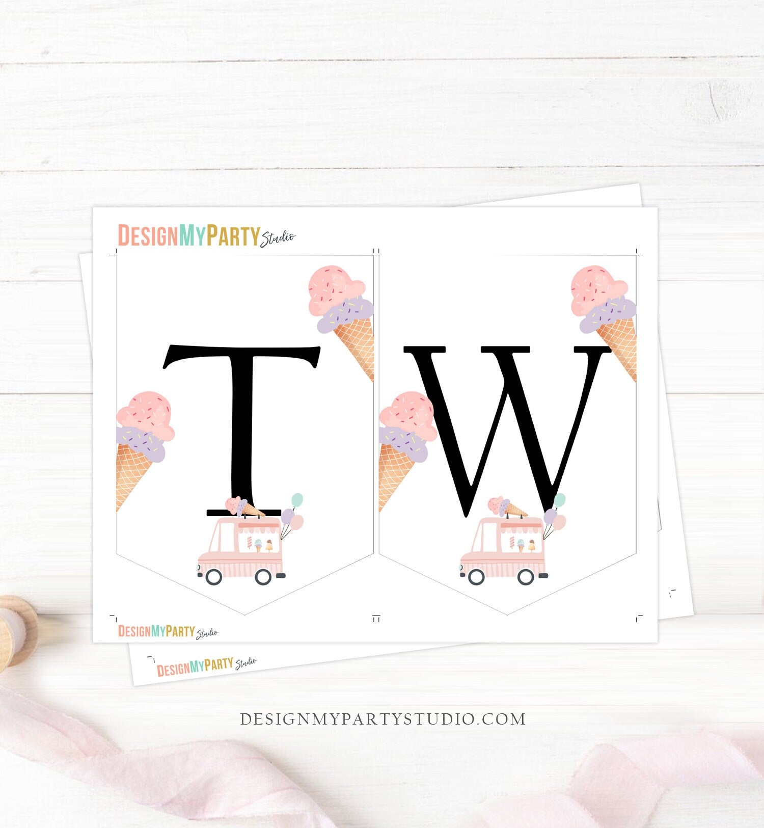 Ice Cream Truck High Chair Banner Modern Mint Pink Ice Cream 2nd Birthday Girl High Chair TWO Banner Two Sweet Summer PRINTABLE Digital 0415