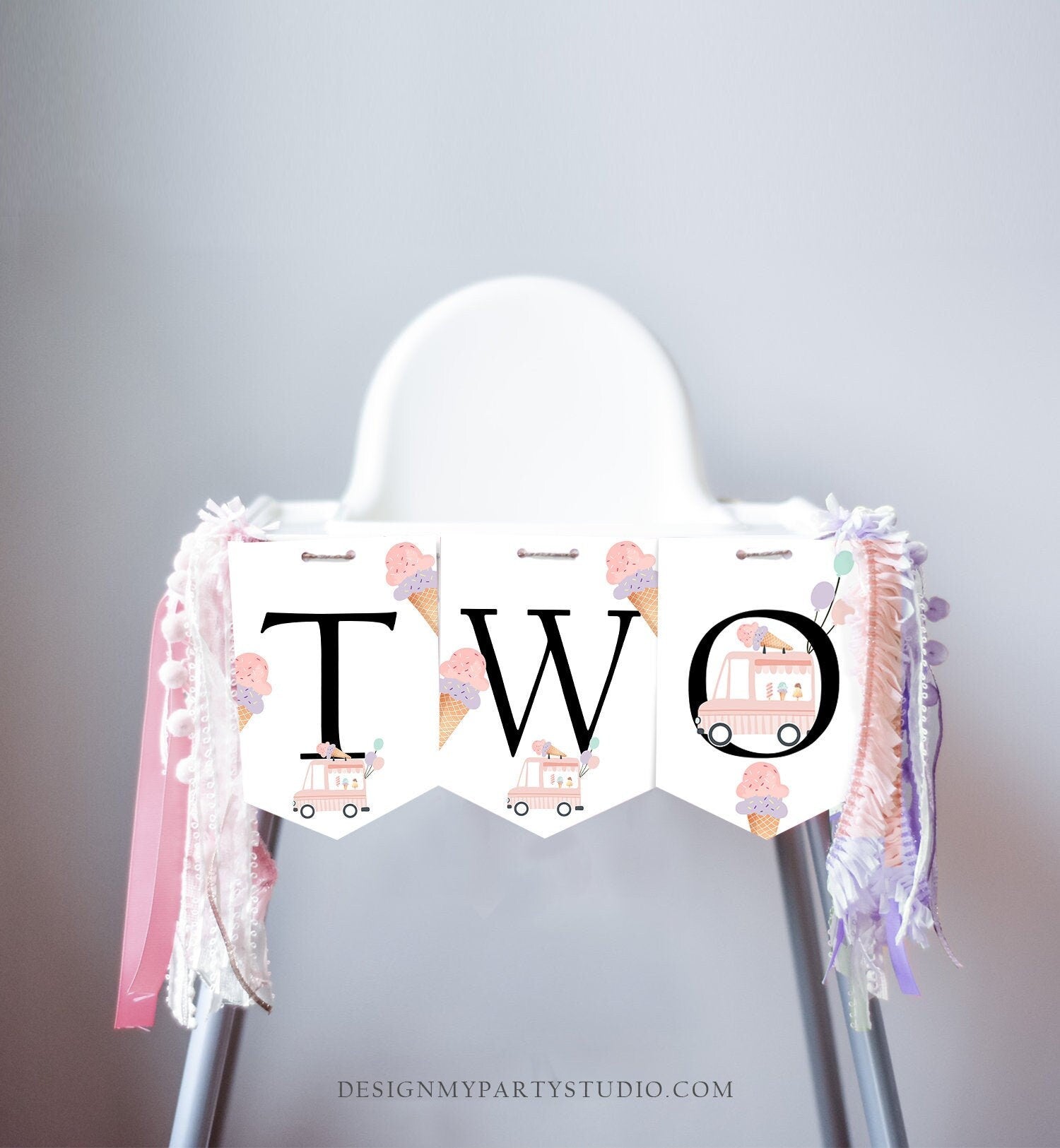 Ice Cream Truck High Chair Banner Modern Mint Pink Ice Cream 2nd Birthday Girl High Chair TWO Banner Two Sweet Summer PRINTABLE Digital 0415