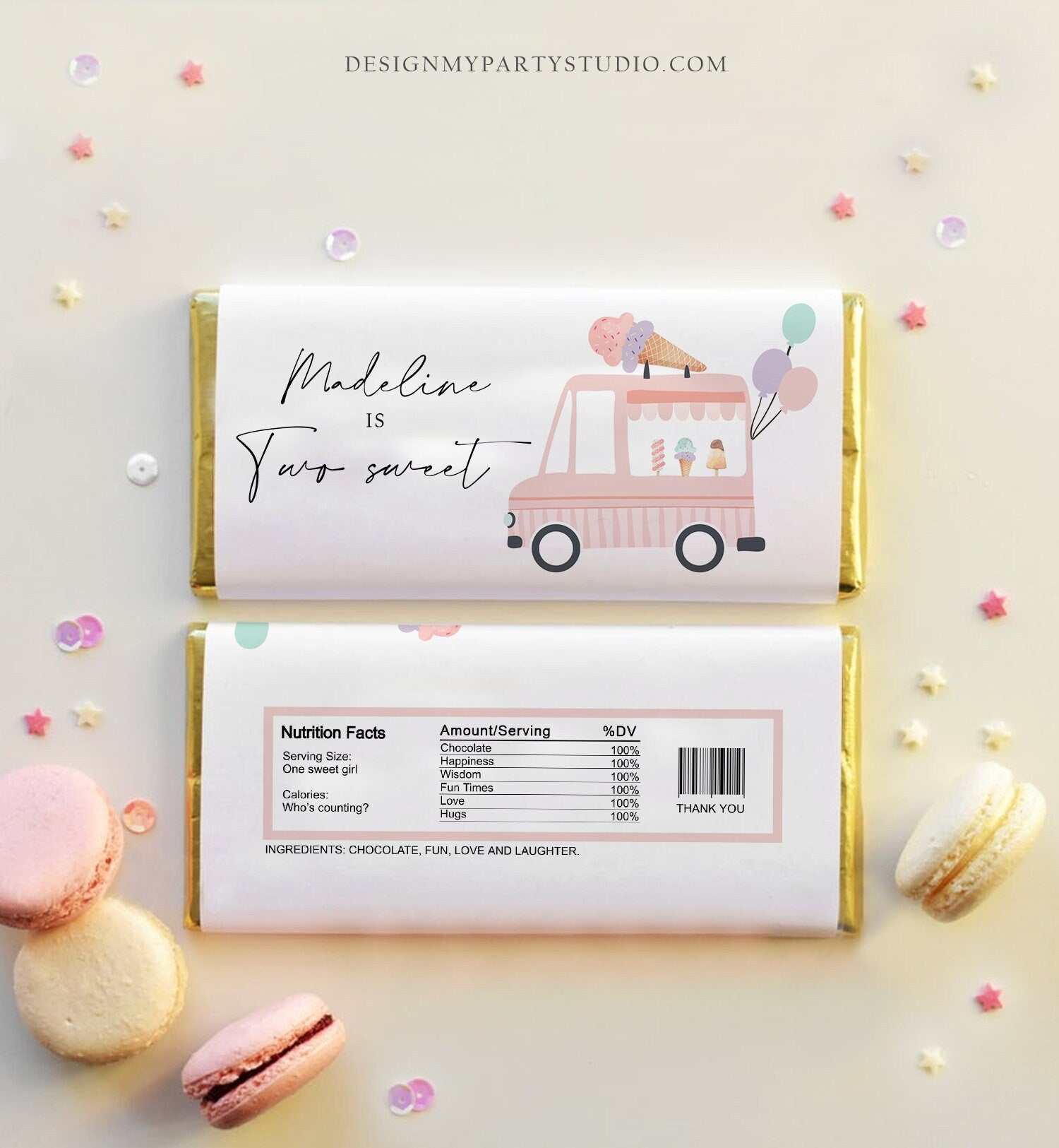 Editable Ice Cream Truck Candy Bar Wrapper Ice Cream 2nd Birthday Chocolate Bar Labels Two Sweet Download Corjl Template Printable 0415
