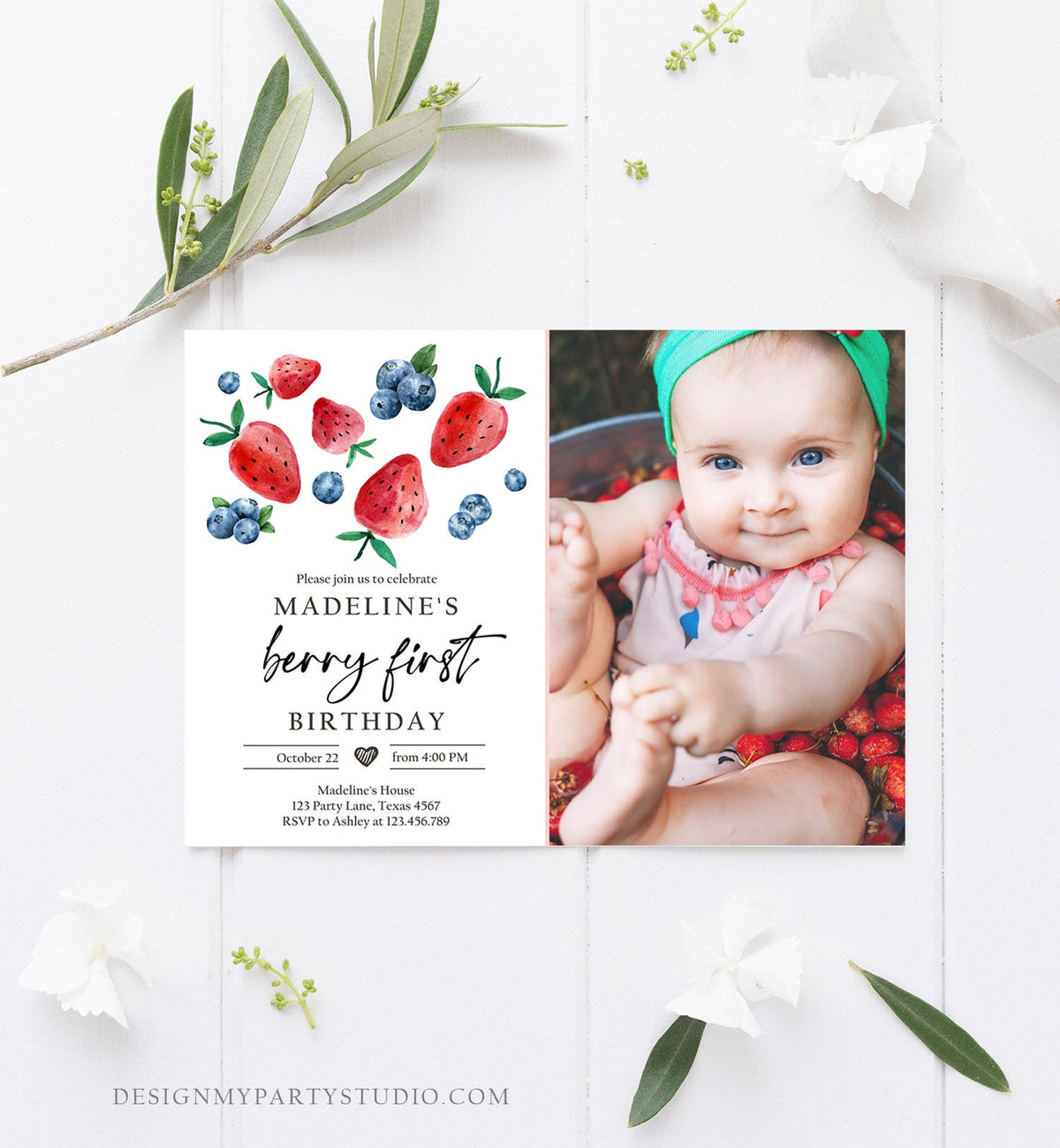 Editable Berry Sweet Birthday Invitation Blueberry Strawberry Picking Party Farmers Market Twin Printable Photo Template Corjl Digital 0399