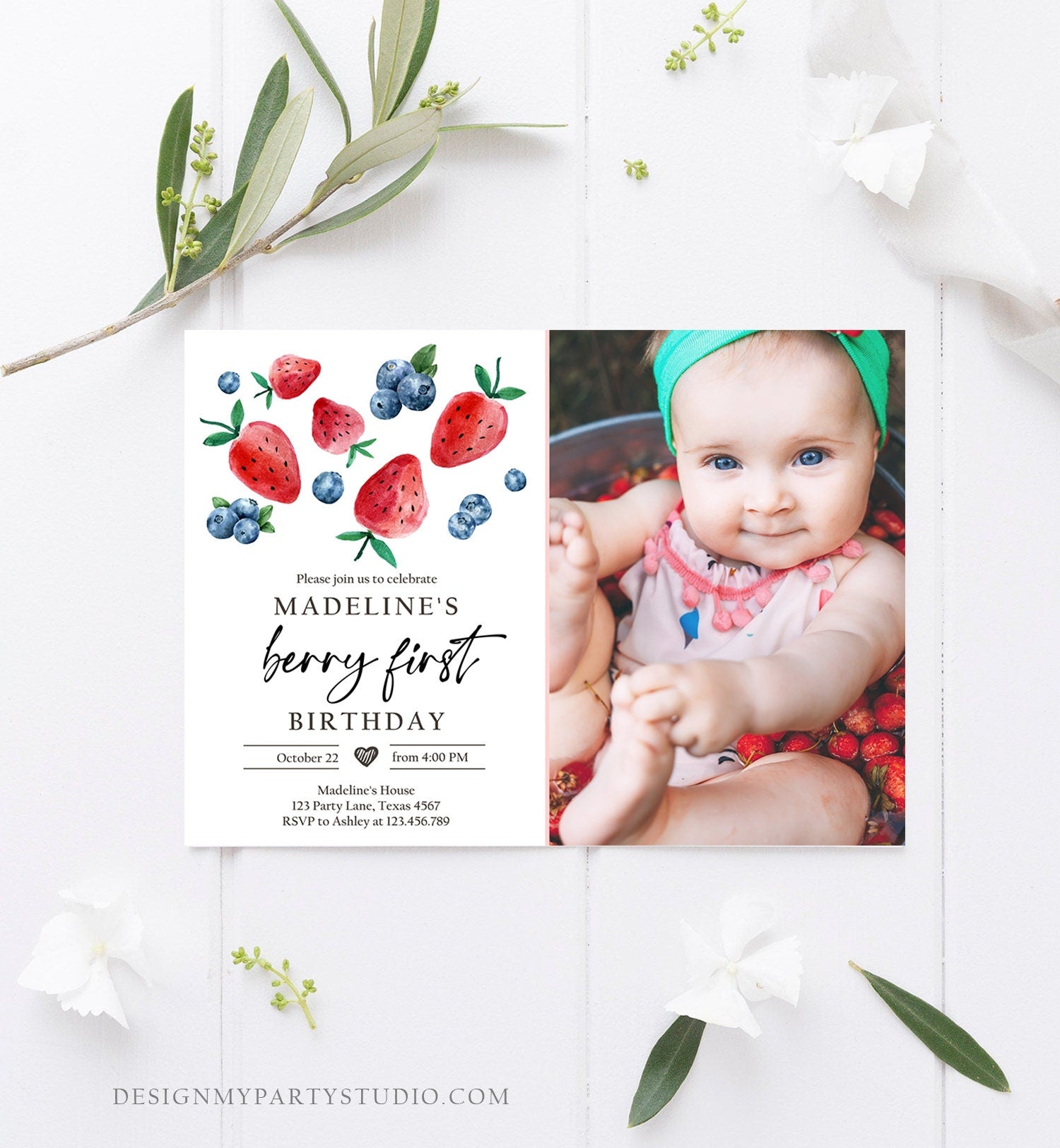 Editable Berry Sweet Birthday Invitation Blueberry Strawberry Picking Party Farmers Market Twin Printable Photo Template Corjl Digital 0399