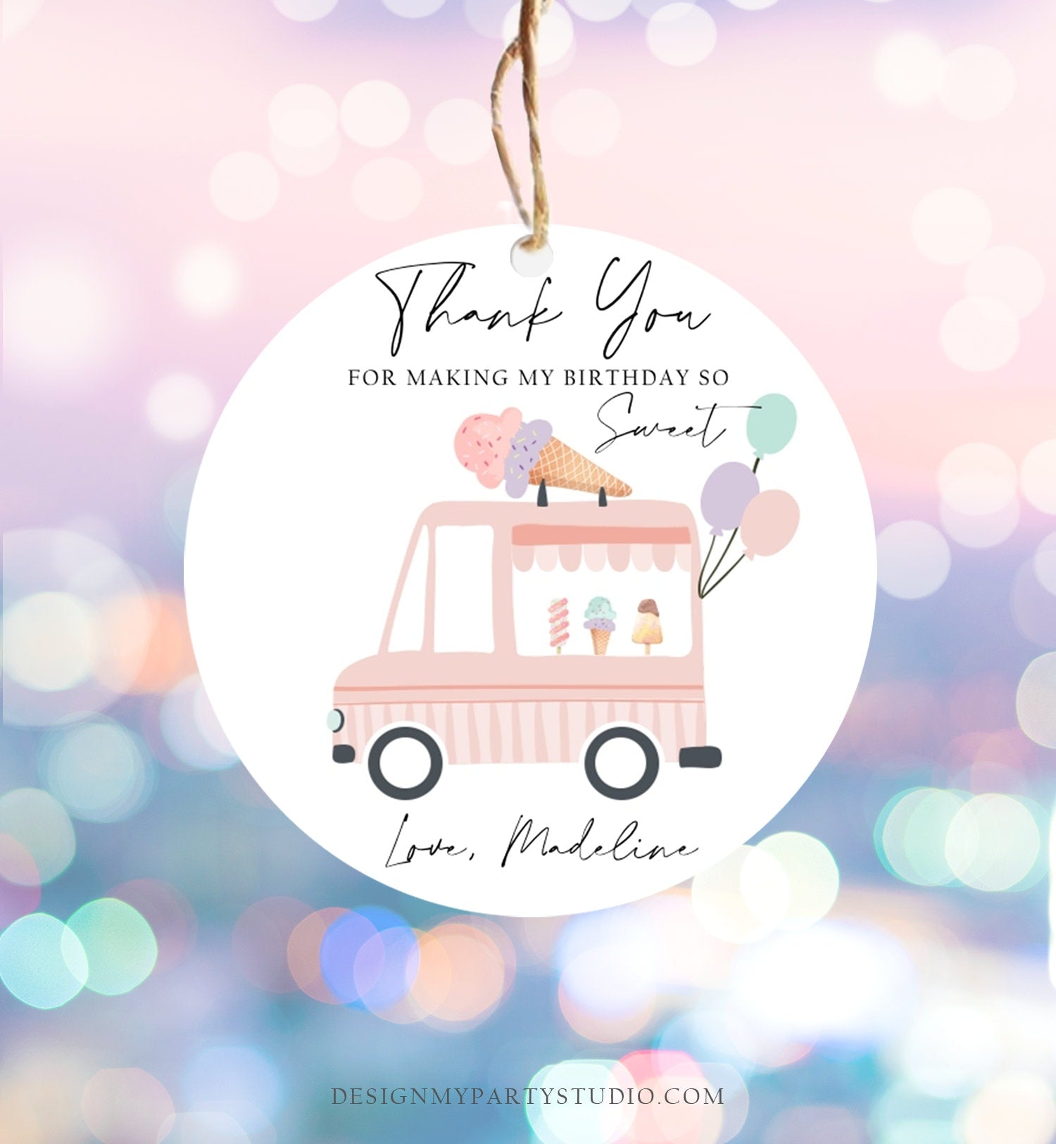 Editable Ice Cream Truck Favor Thank You Tags Ice Cream Birthday Party Modern Girl Pink Purple Gift Bag Labels Corjl Template PRINTABLE 0415