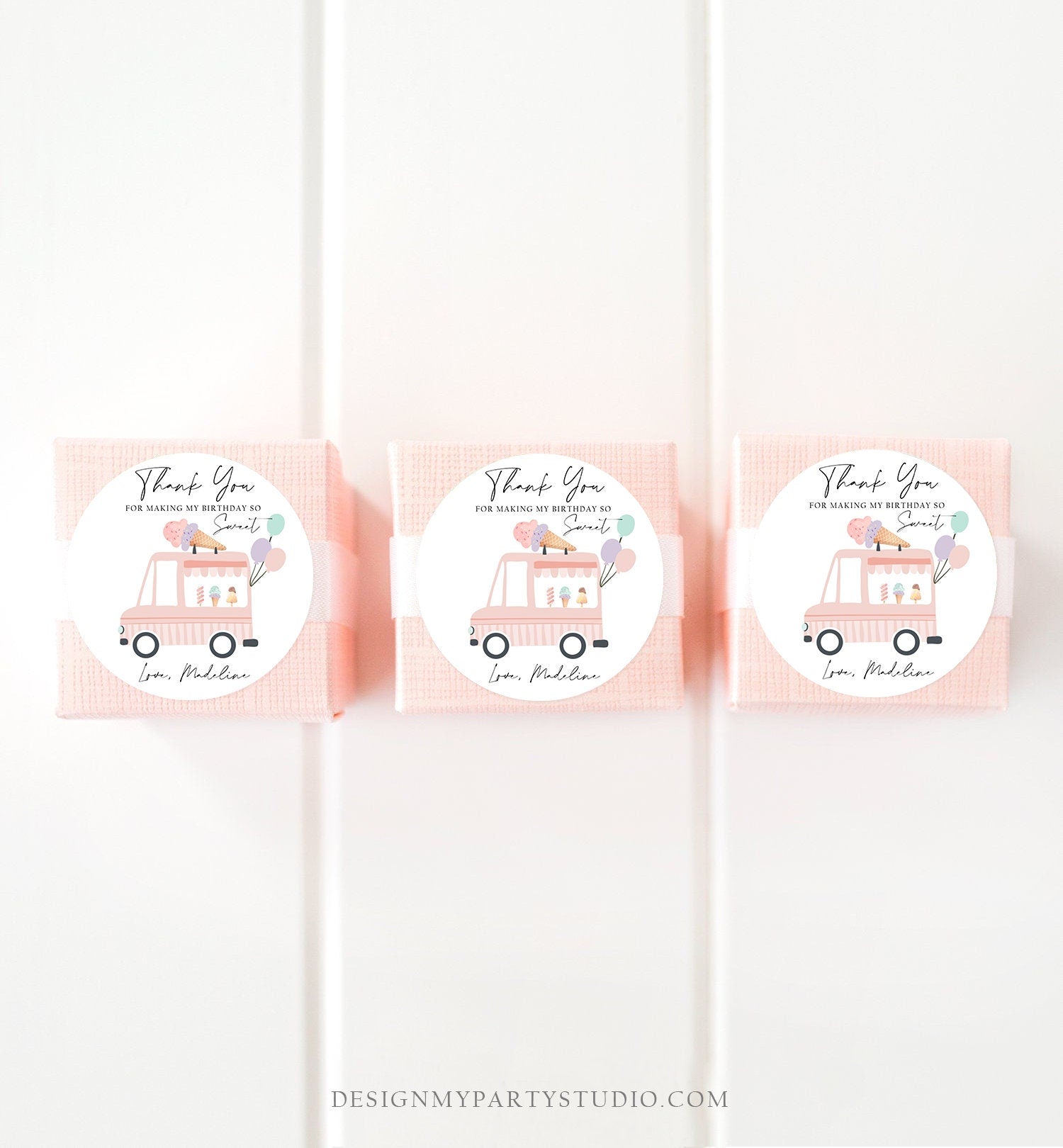 Editable Ice Cream Truck Favor Thank You Tags Ice Cream Birthday Party Modern Girl Pink Purple Gift Bag Labels Corjl Template PRINTABLE 0415