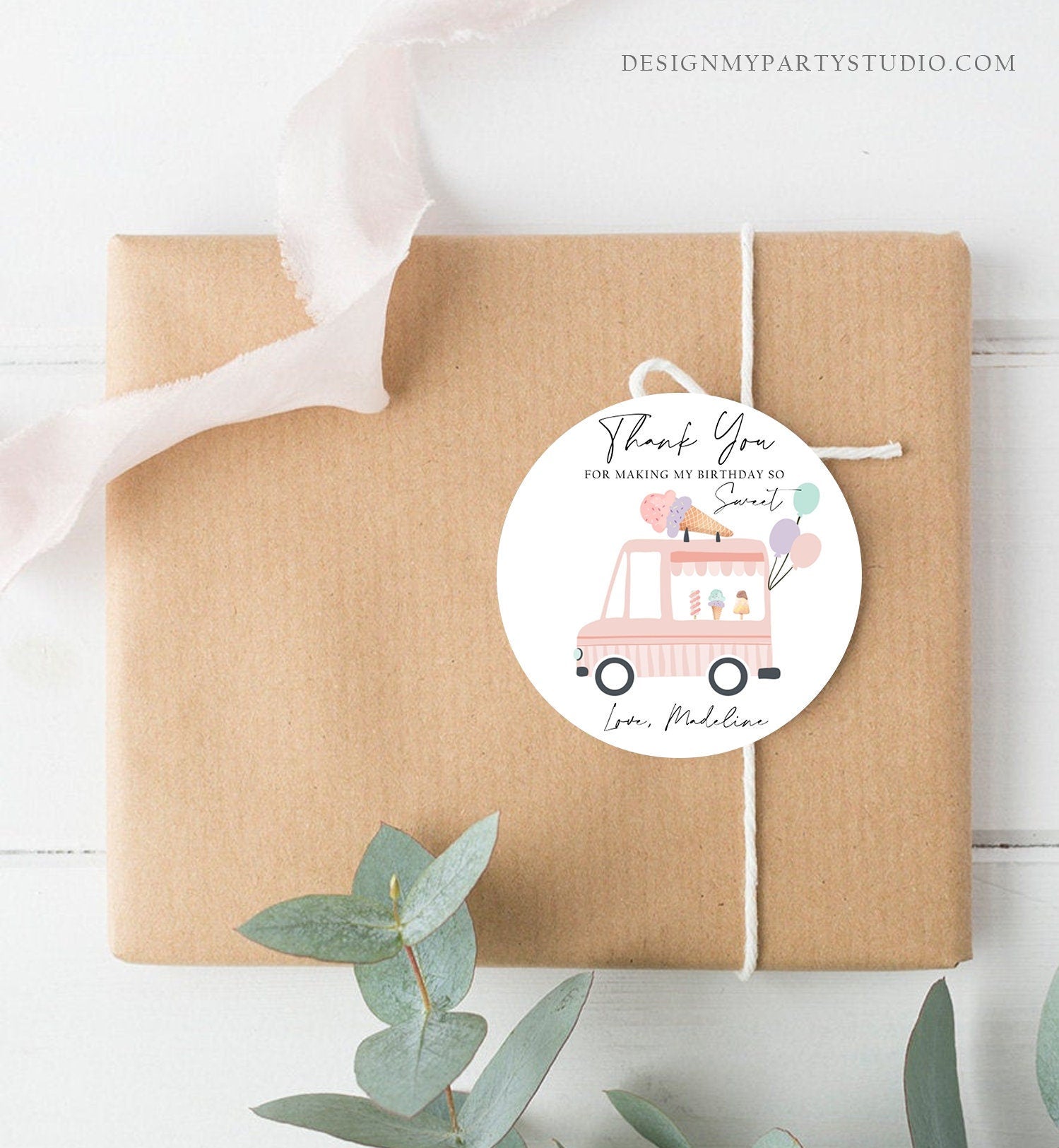 Editable Ice Cream Truck Favor Thank You Tags Ice Cream Birthday Party Modern Girl Pink Purple Gift Bag Labels Corjl Template PRINTABLE 0415