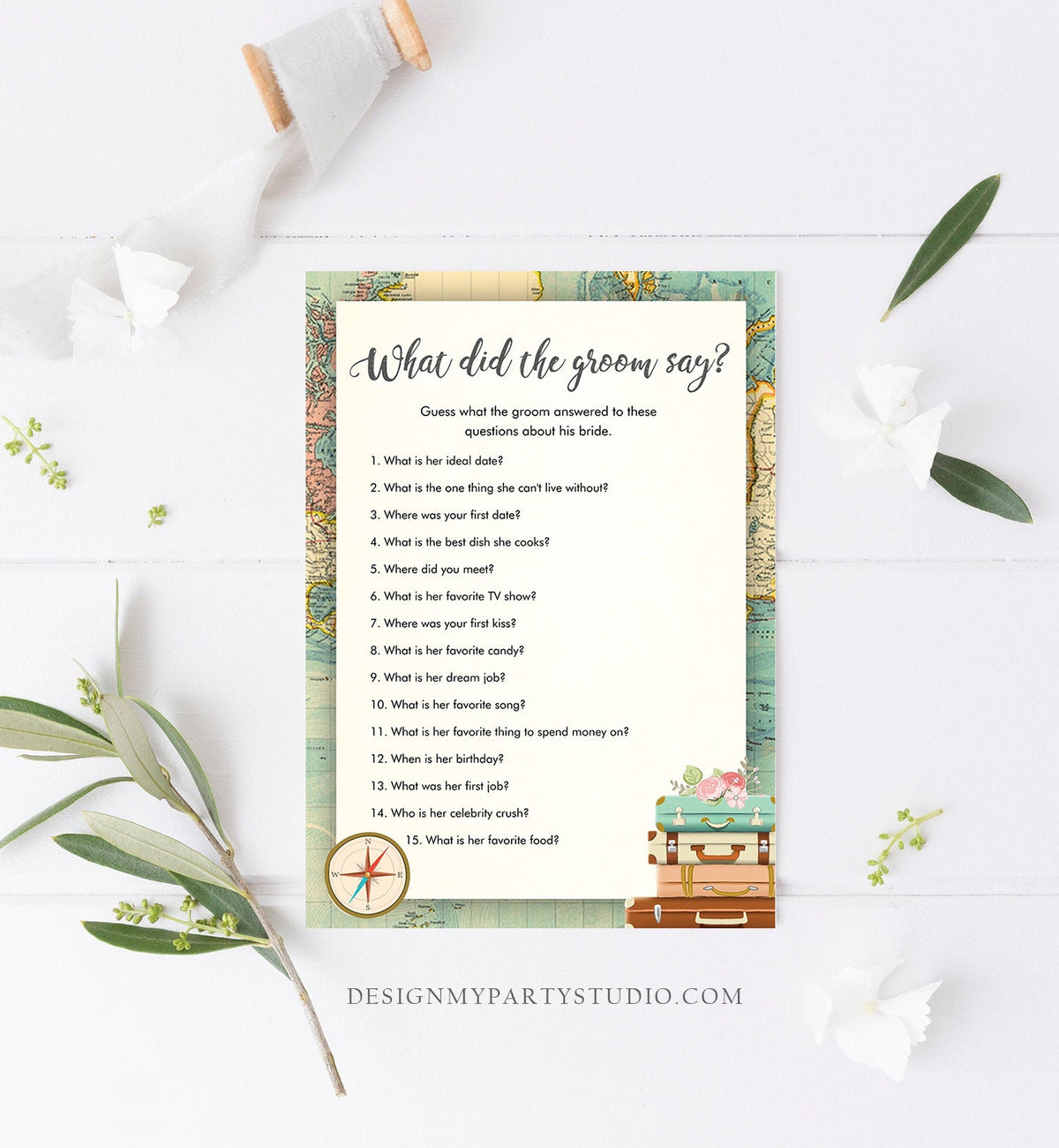 Editable What Did the Groom Say Bridal Shower Game Travel Wedding Shower Activity Rustic Vintage Map Party Corjl Template Printable 0044