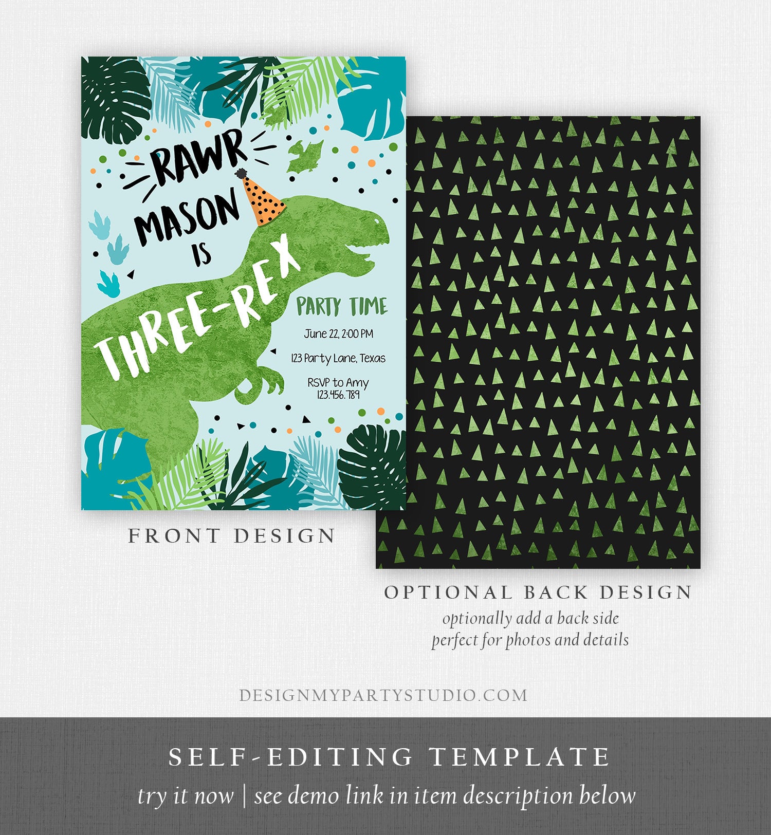 Editable Three-Rex Dinosaur Birthday Invitation Dino T-Rex Third Birthday 3rd Rawr Boy Green Blue Prehistoric Printable Corjl Template 0389