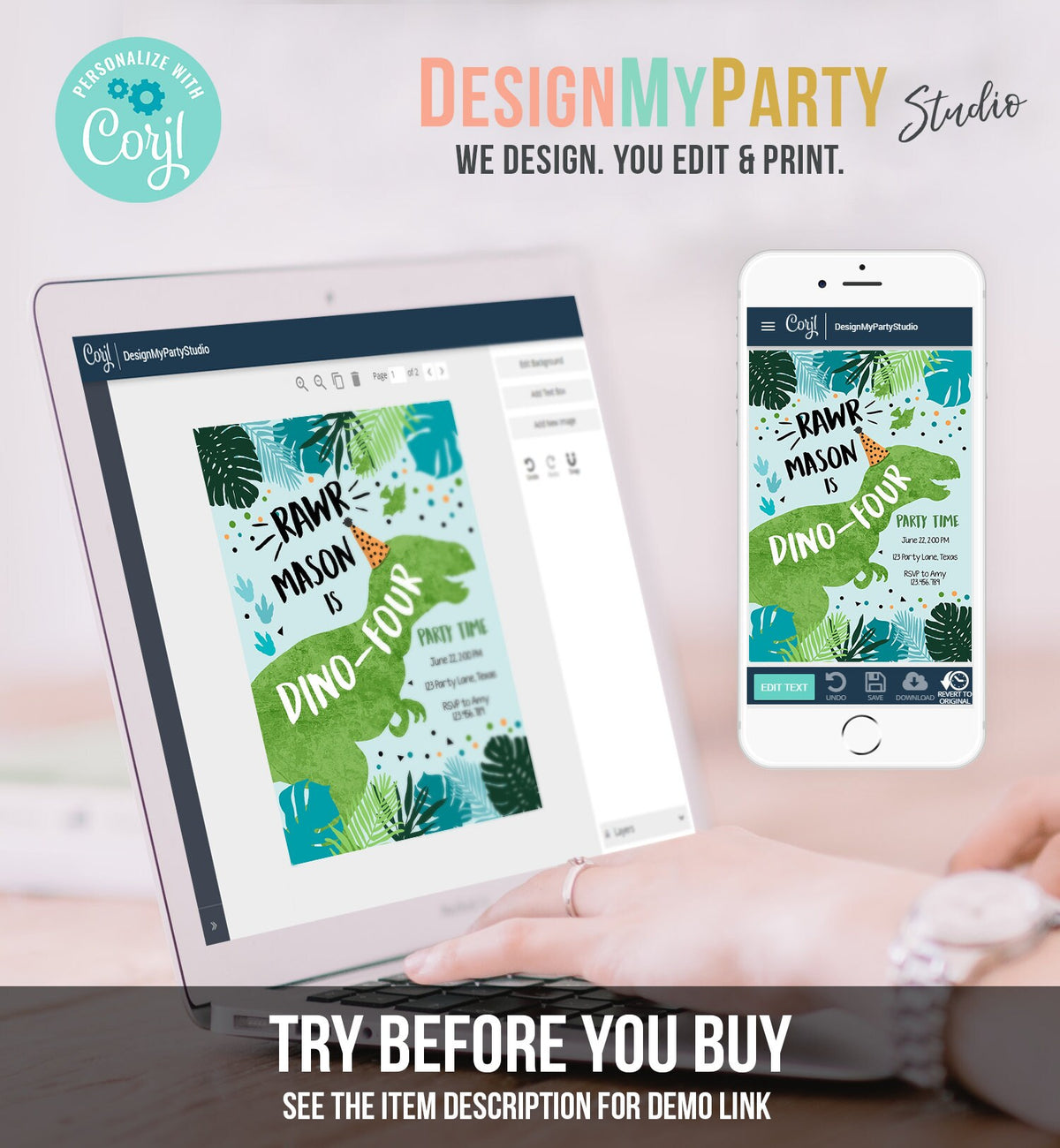 Editable Dino-Four Dinosaur Birthday Invitation Dino T-Rex 4th Birthday Fourth Rawr Boy Green Blue Prehistoric Printable Corjl Template 0389