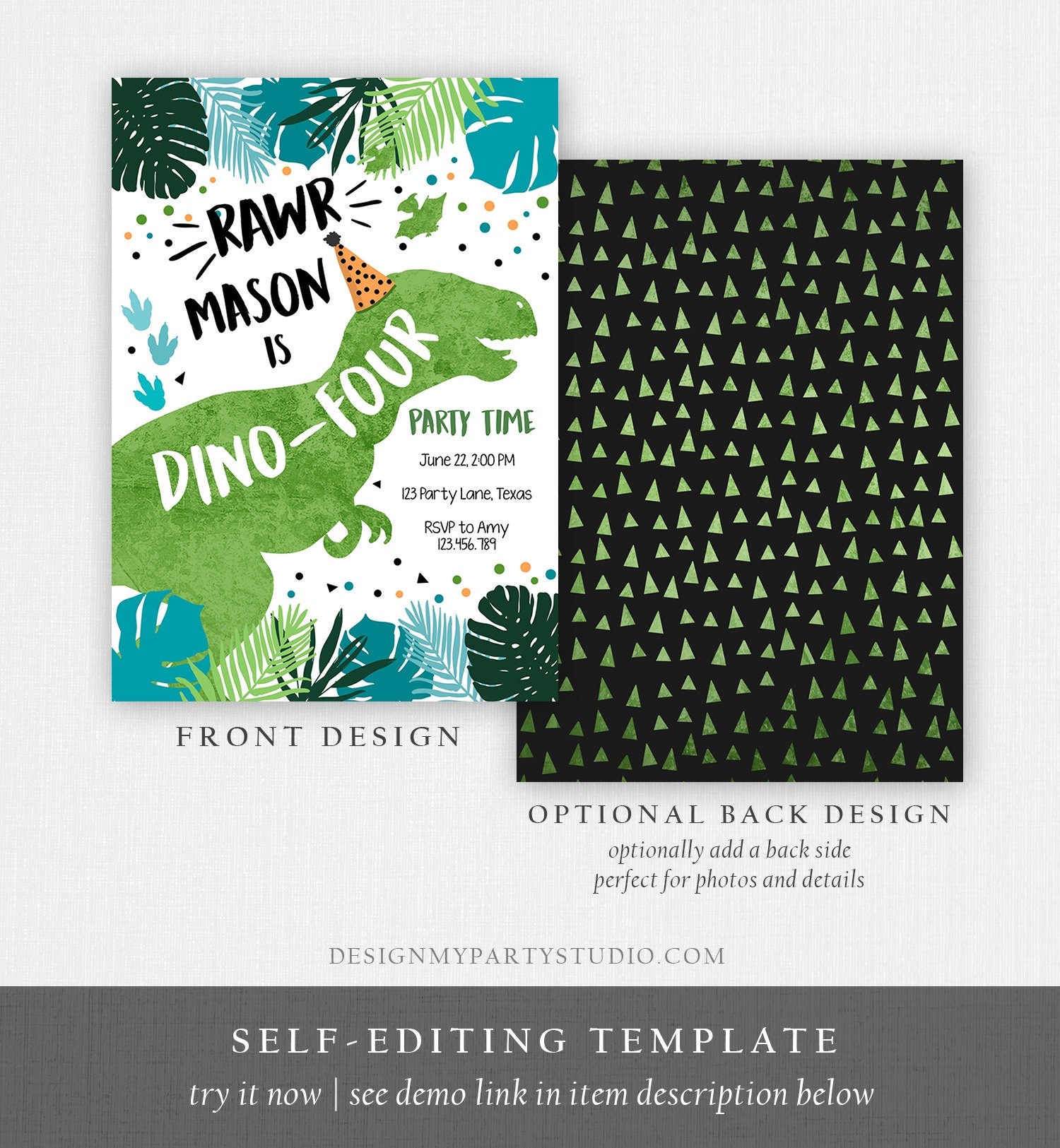 Editable Dino-Four Dinosaur Birthday Invitation Dino T-Rex 4th Birthday Fourth Rawr Boy Green Blue Prehistoric Printable Corjl Template 0389