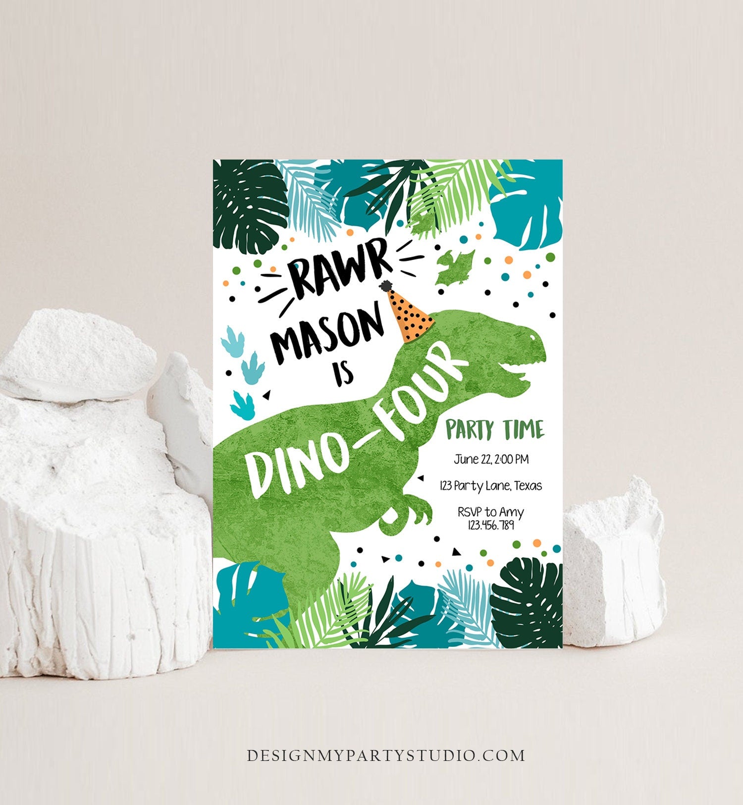 Editable Dino-Four Dinosaur Birthday Invitation Dino T-Rex 4th Birthday Fourth Rawr Boy Green Blue Prehistoric Printable Corjl Template 0389