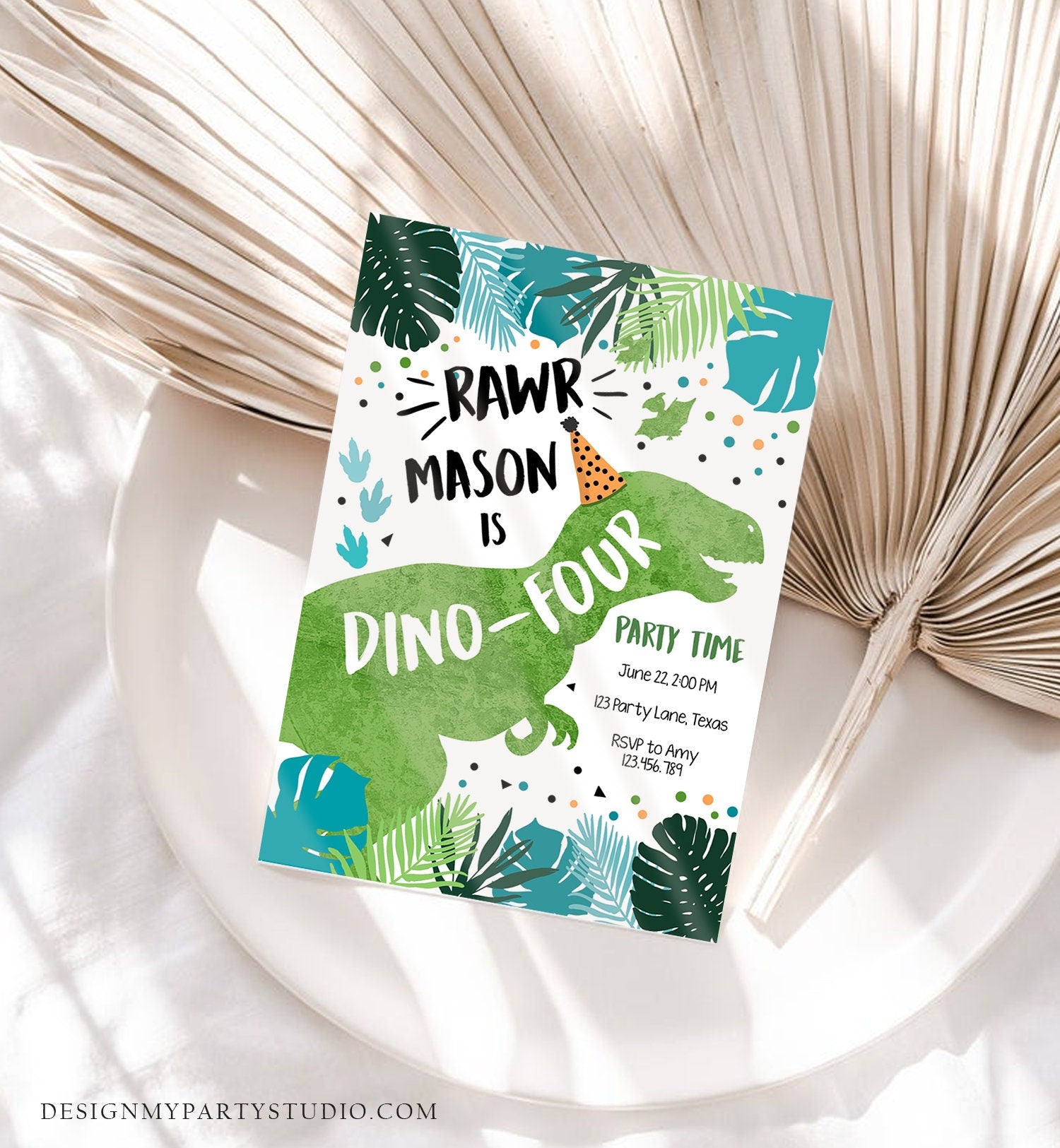 Editable Dino-Four Dinosaur Birthday Invitation Dino T-Rex 4th Birthday Fourth Rawr Boy Green Blue Prehistoric Printable Corjl Template 0389